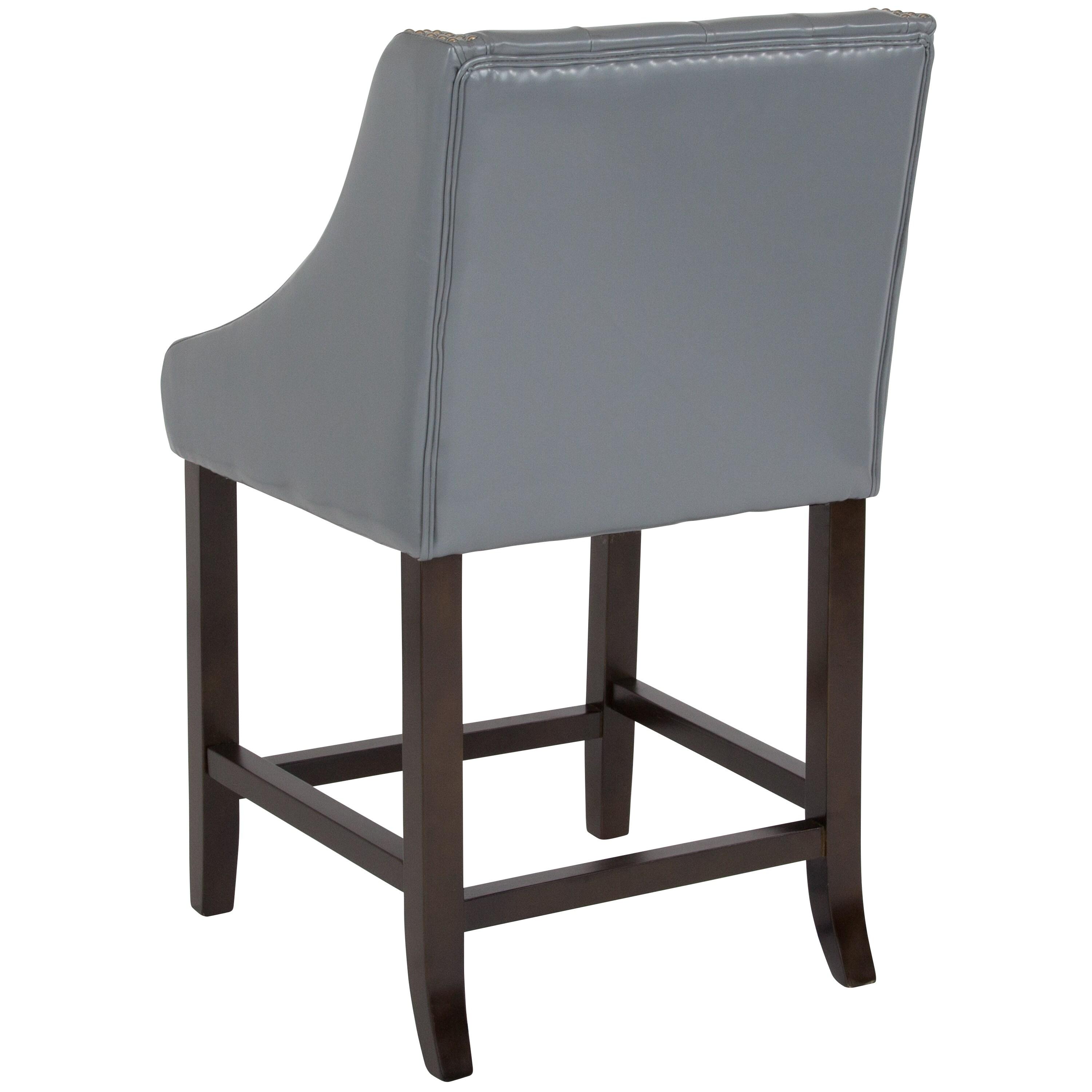 Flash Furniture Carmel Series 24" High Transitional Tufted Walnut Counter Height Stool with Accent Nail Trim in Light Gray LeatherSoft