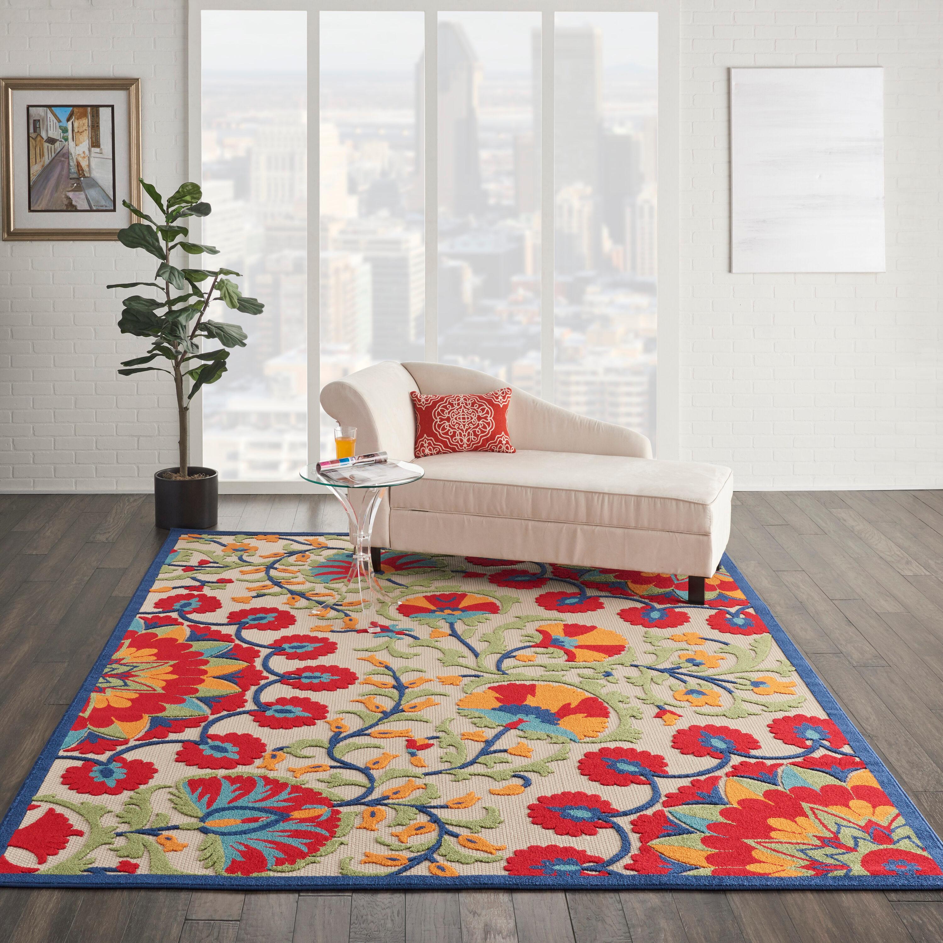 Nourison Aloha Floral Easy Care Flatweave High-Low Indoor Outdoor Area Rug Red/Multi 7' x 10'