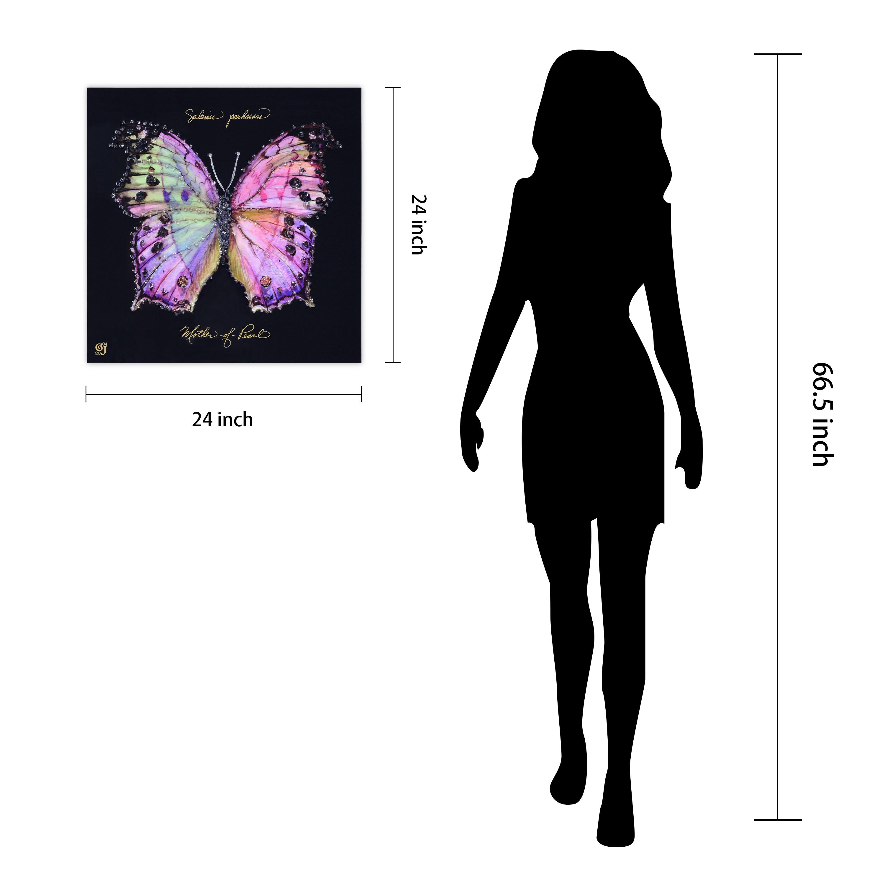 "Pink Monarch Elegance" Crystallus Epoxy Coated Wrapped Glossy Butterfly Canvas Wall Art with Heavy Acrylic Crystal Shards Embellishments