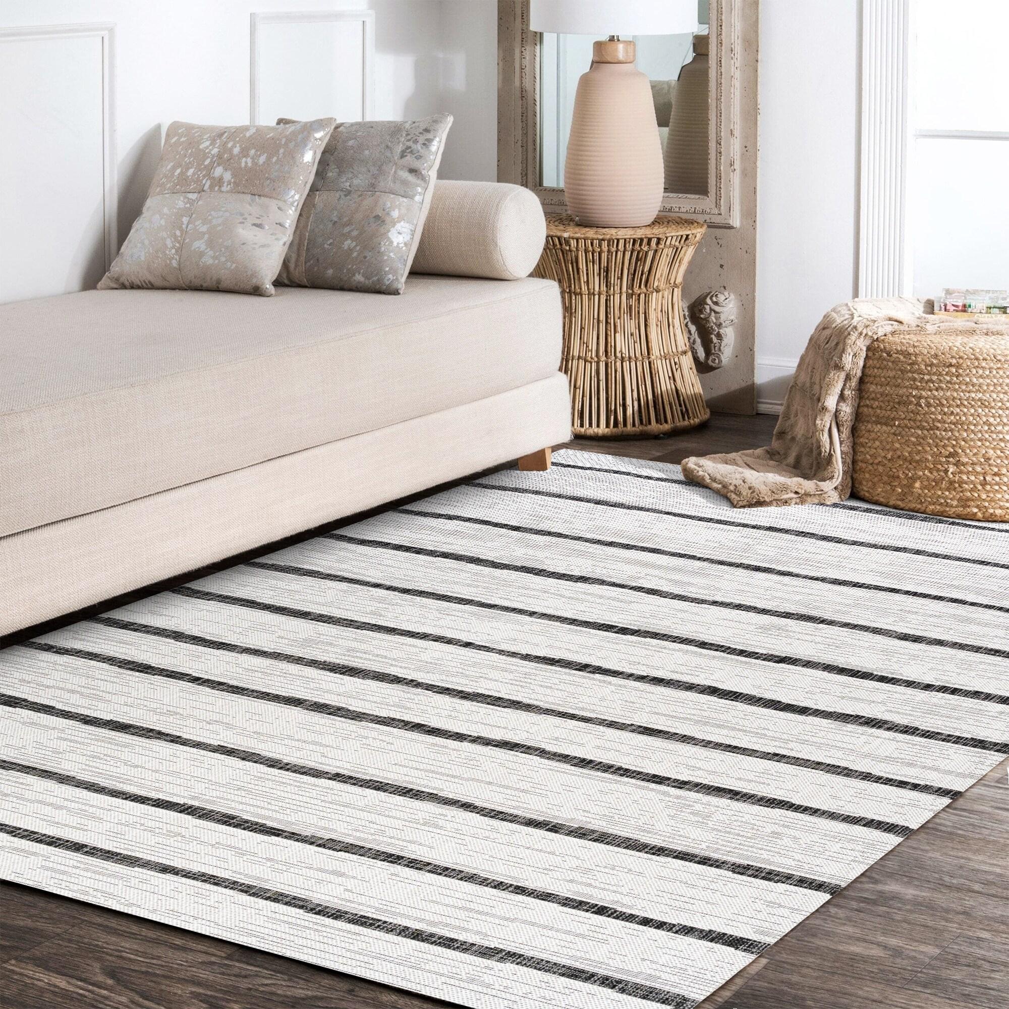 3'x5' Colonia Berber Stripe Indoor/Outdoor Area Rug, Ivory/Black - JONATHAN Y