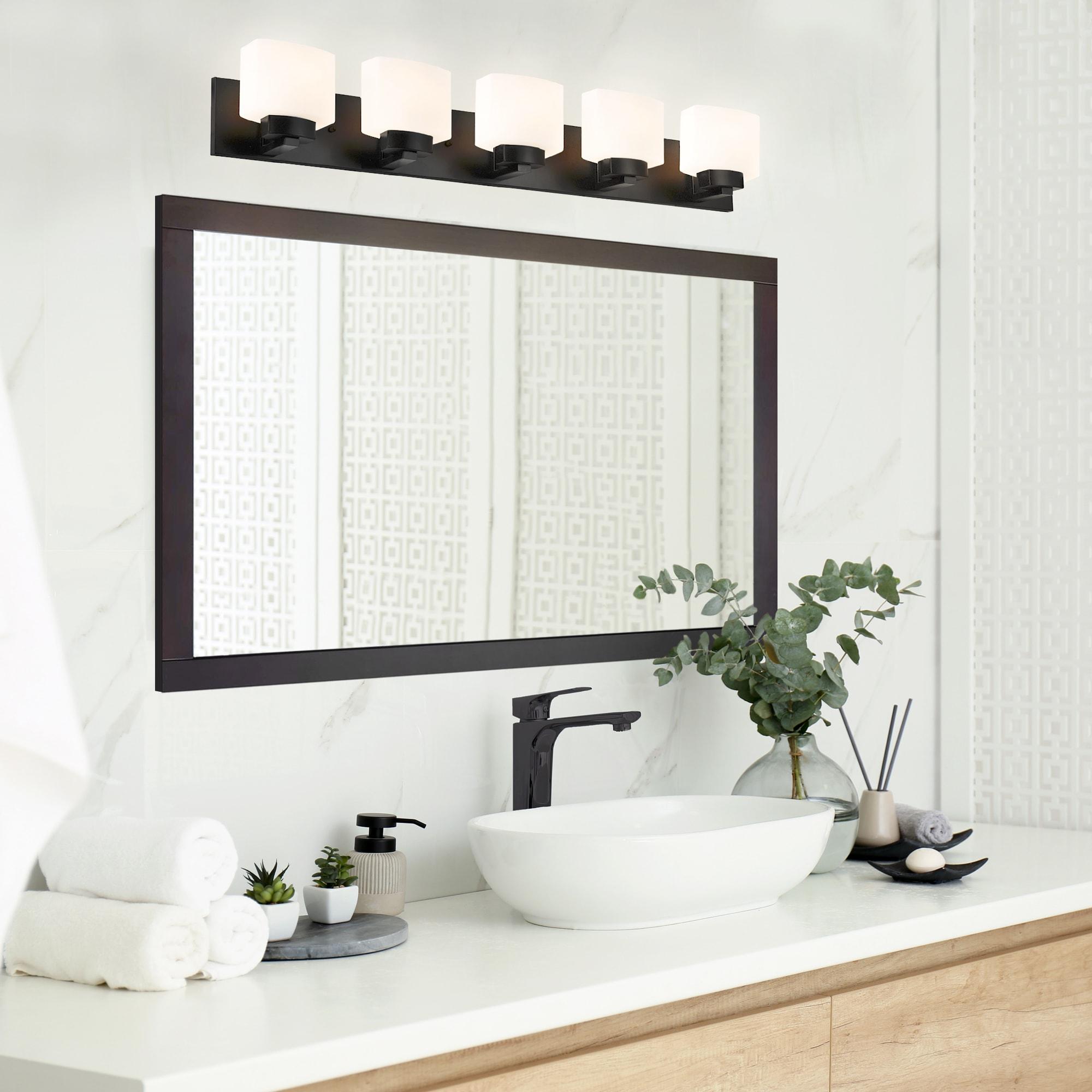 Design House Dove Creek 5-Light Dimmable Vanity Light with Frosted Glass Shades, Matte Black