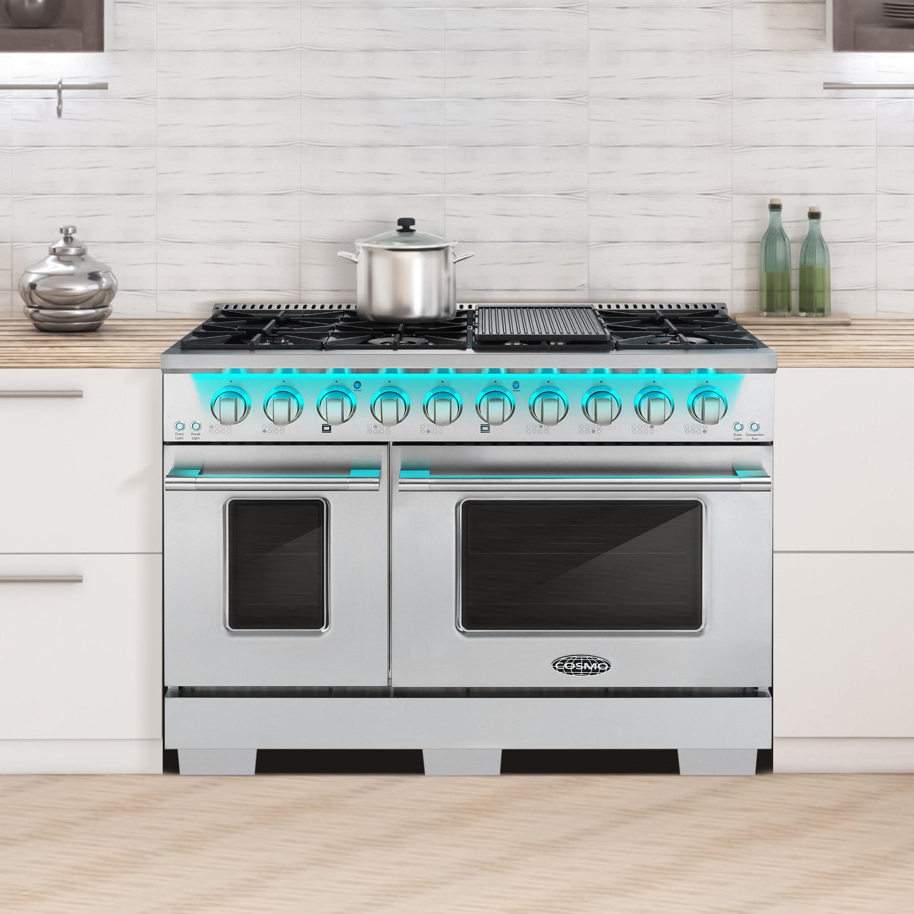 Cosmo 48 in. Vista Collection 5.5 cu. ft. Double Oven Gas Range, 8 Italian Burners, LED Panel, Cast Iron Grates, Stainless Steel