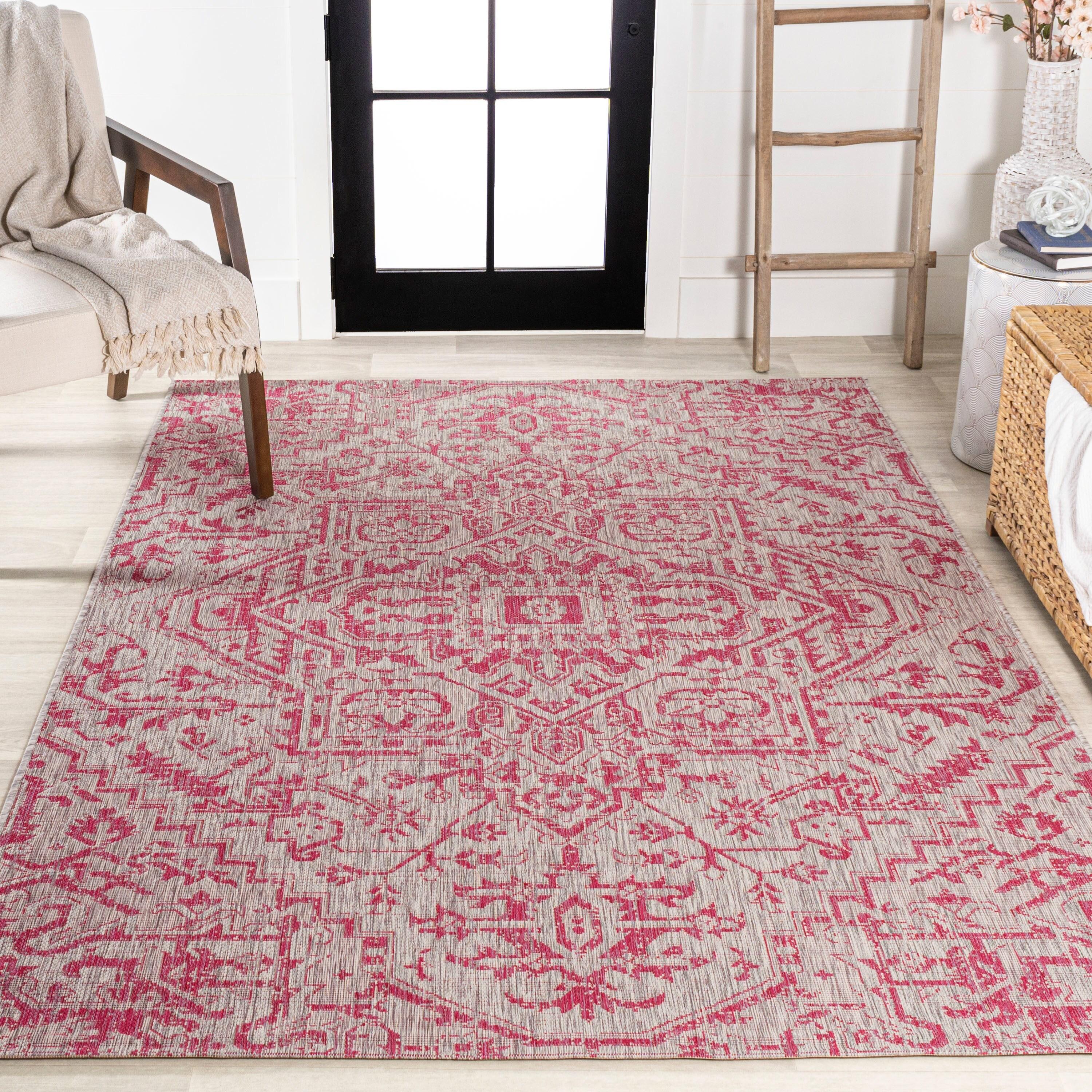 4' x 6' Estrella Bohemian Medallion Textured Weave Indoor/Outdoor Area Rug, Light Gray/Fuchsia - JONATHAN Y