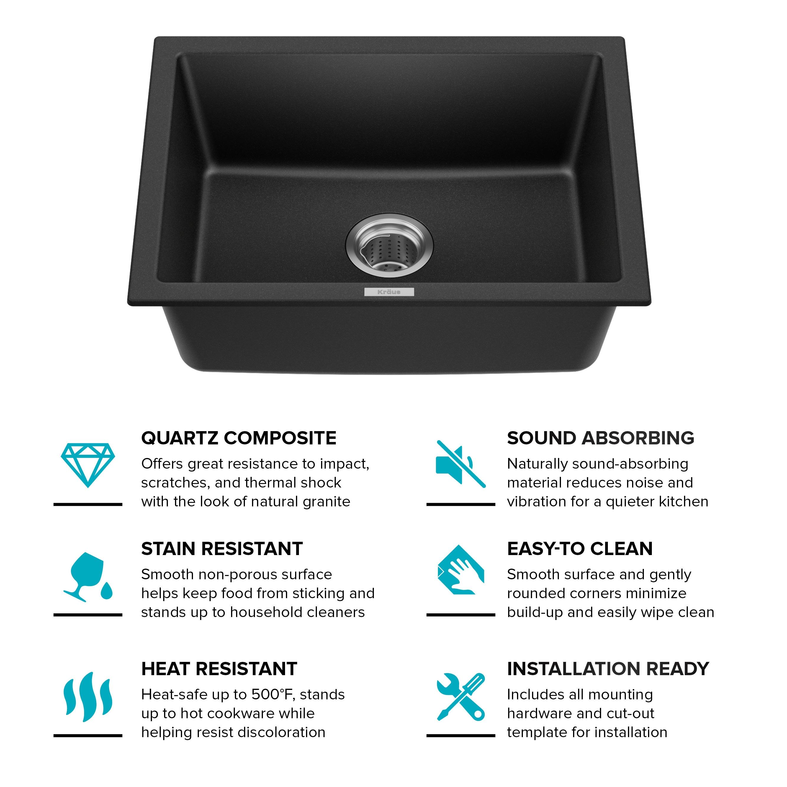 KRAUS 24 inch L Dual Mount Single Bowl Granite Kitchen Sink w/ Topmount and Undermount Installation in Black Onyx