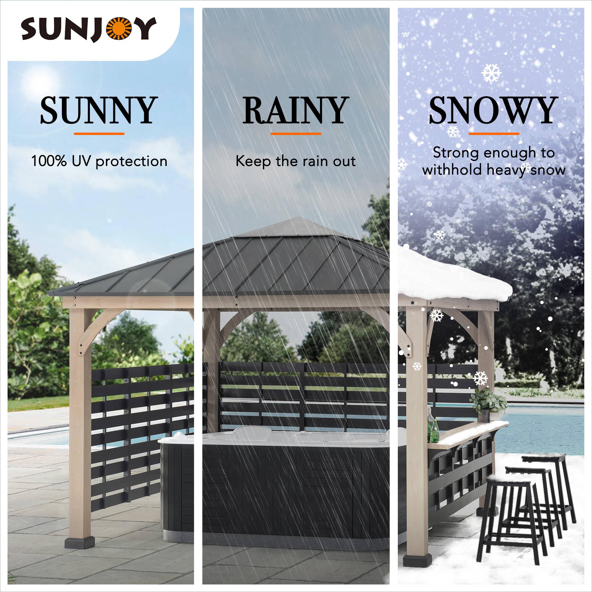 Sunjoy Cameron 11 ft. x 11 ft. Cedar Wood Framed Hot Tub Gazebo with Steel and Polycarbonate Hardtop and bar shelf, Matte Black