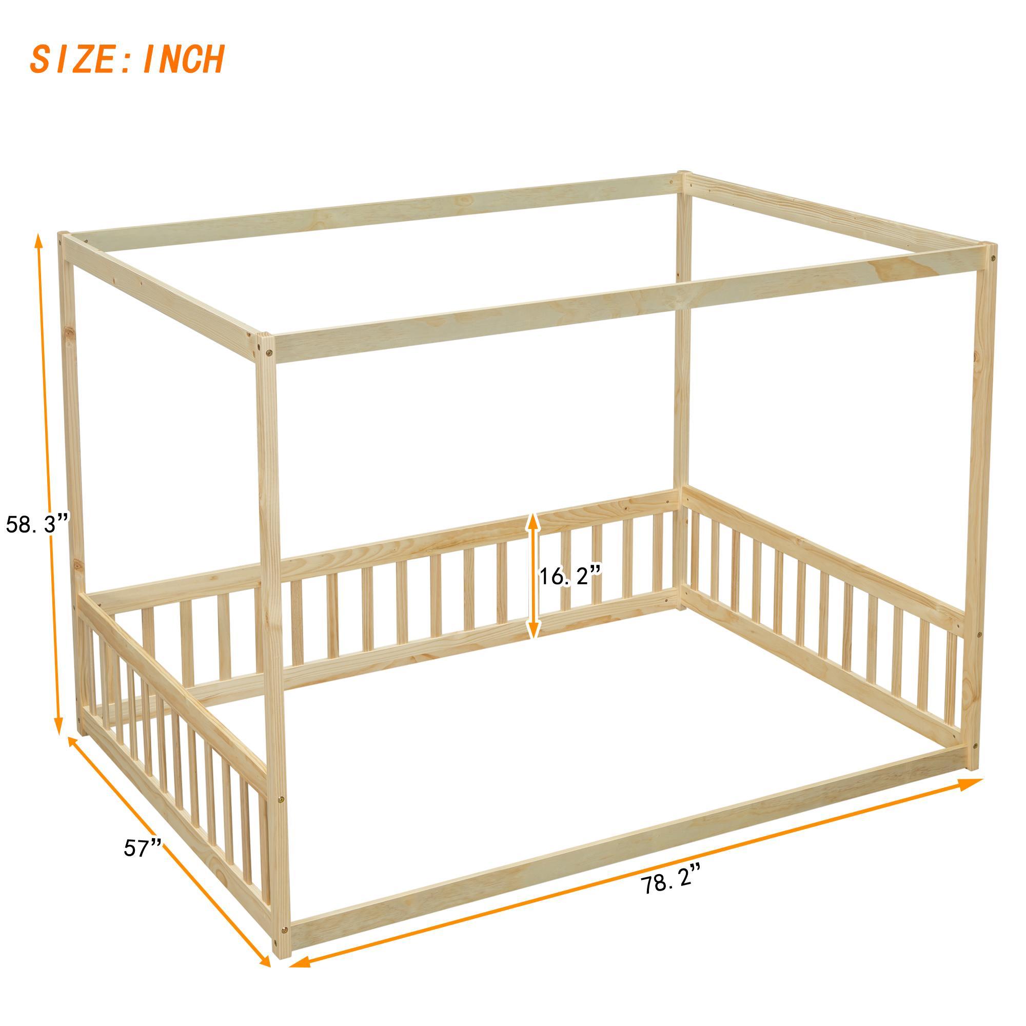 Canopy Frame Twin Size Floor Bed for Kids Bedroom,Wood Bed Frame with Fence for Boys/Girls/Teens,No Box Spring Needed,Natural