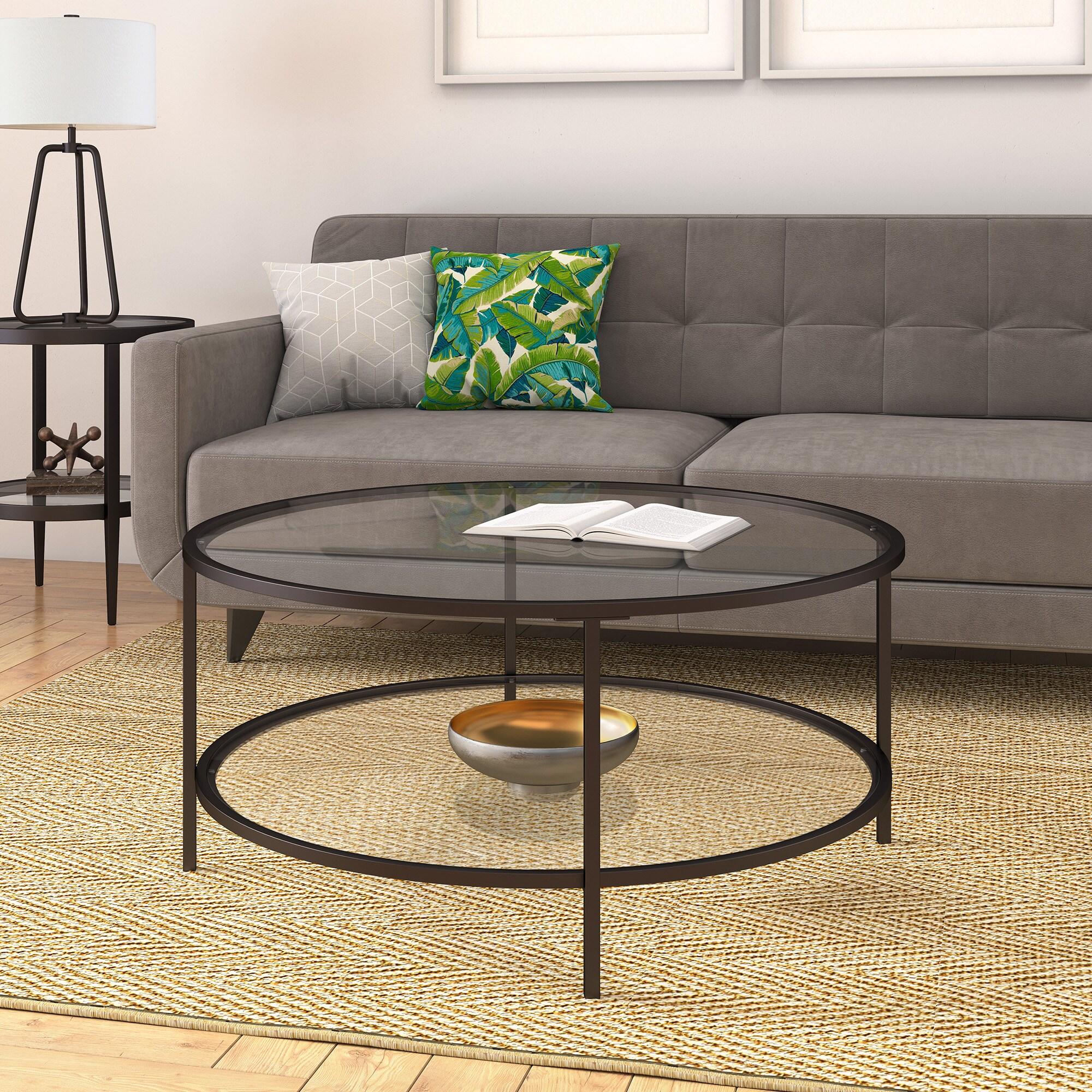 Evelyn&Zoe Sivil 36" Wide Round Coffee Table with Glass Top, Blackened Bronze