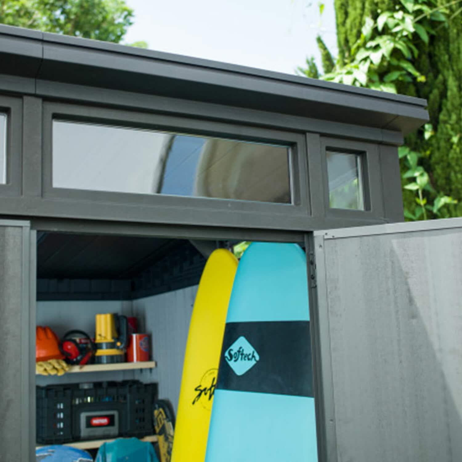 Keter Artisan 7x7 ft. Modern Durable Resin Outdoor Storage Shed With Floor and Double Doors for Garden Patio Furniture and Tools, Grey