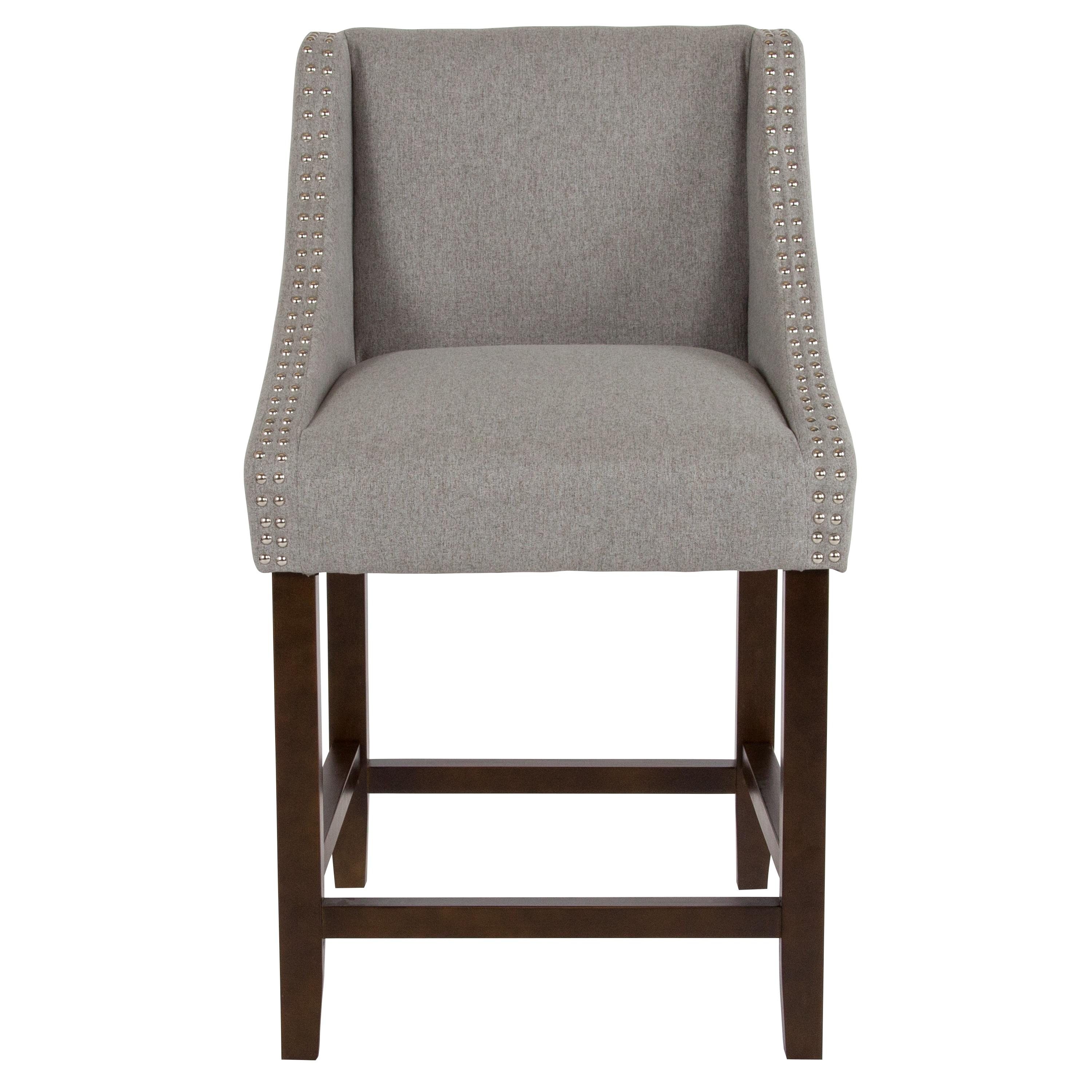 Flash Furniture Carmel Series 24" High Transitional Walnut Counter Height Stool with Accent Nail Trim in Light Gray Fabric