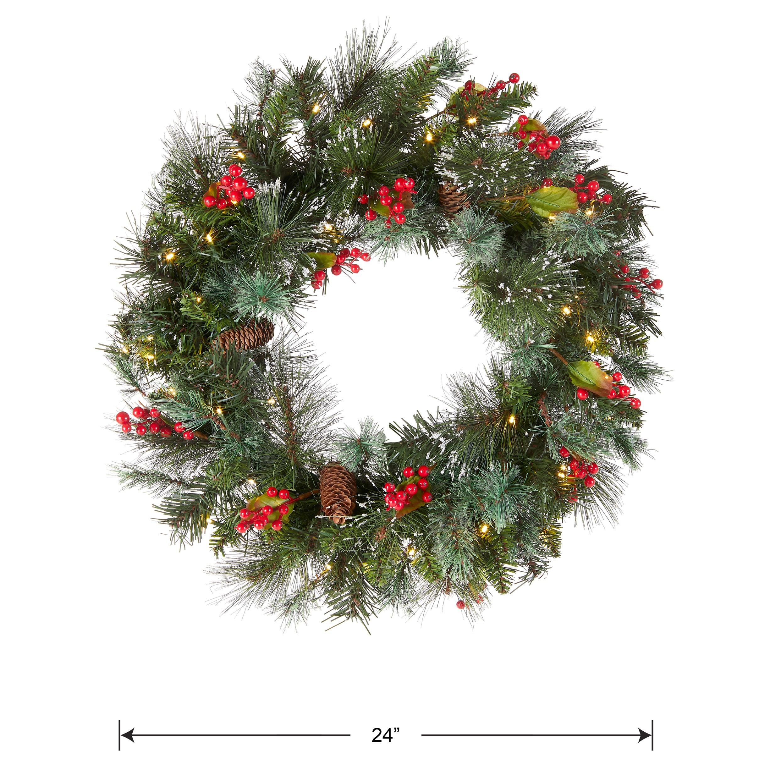 24" Prelit Wintry Pine Christmas Wreath with Cones and Berries White Lights - National Tree Company