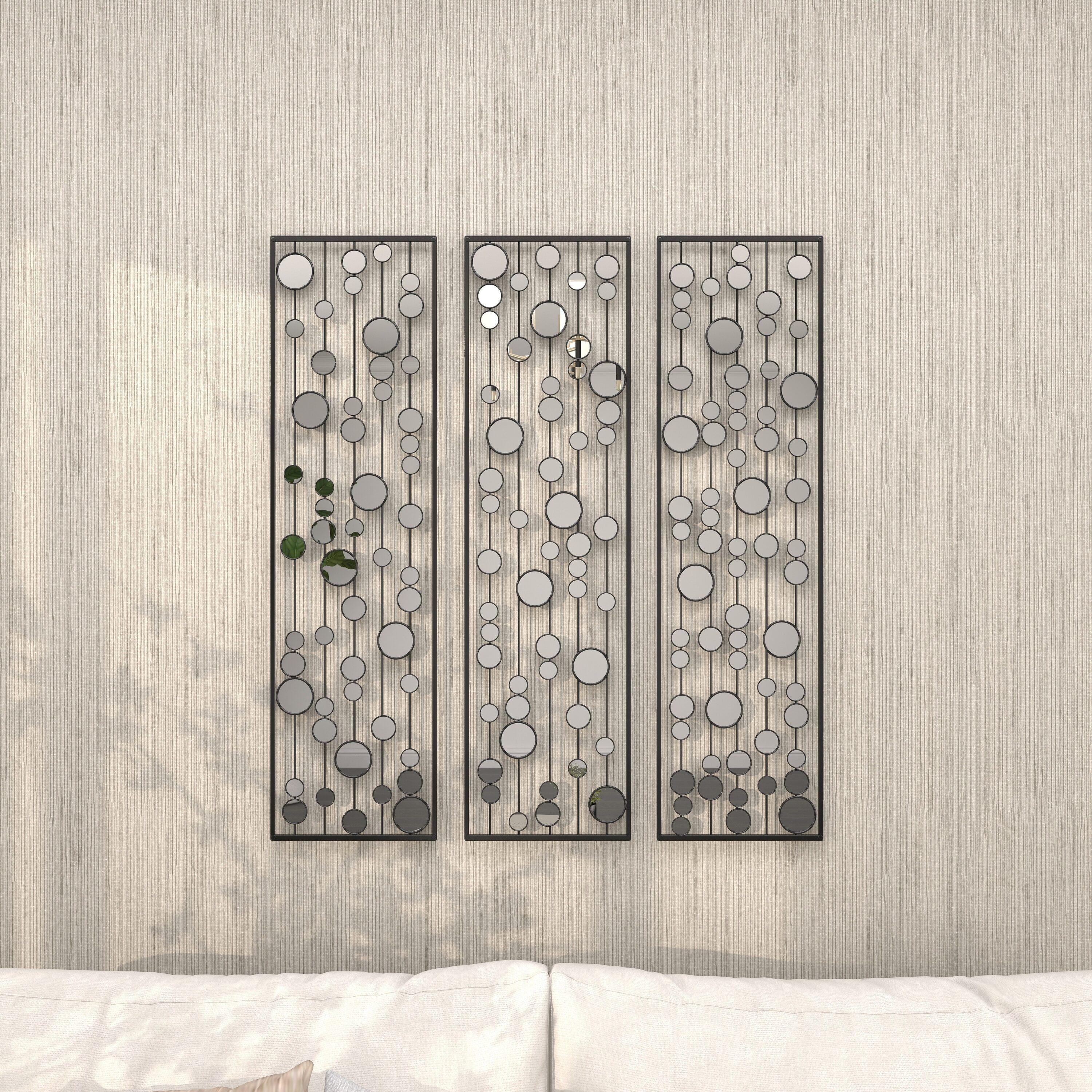 Mercer41 Metal Geometric Black Wall Decor with Round Mirror Accents Set