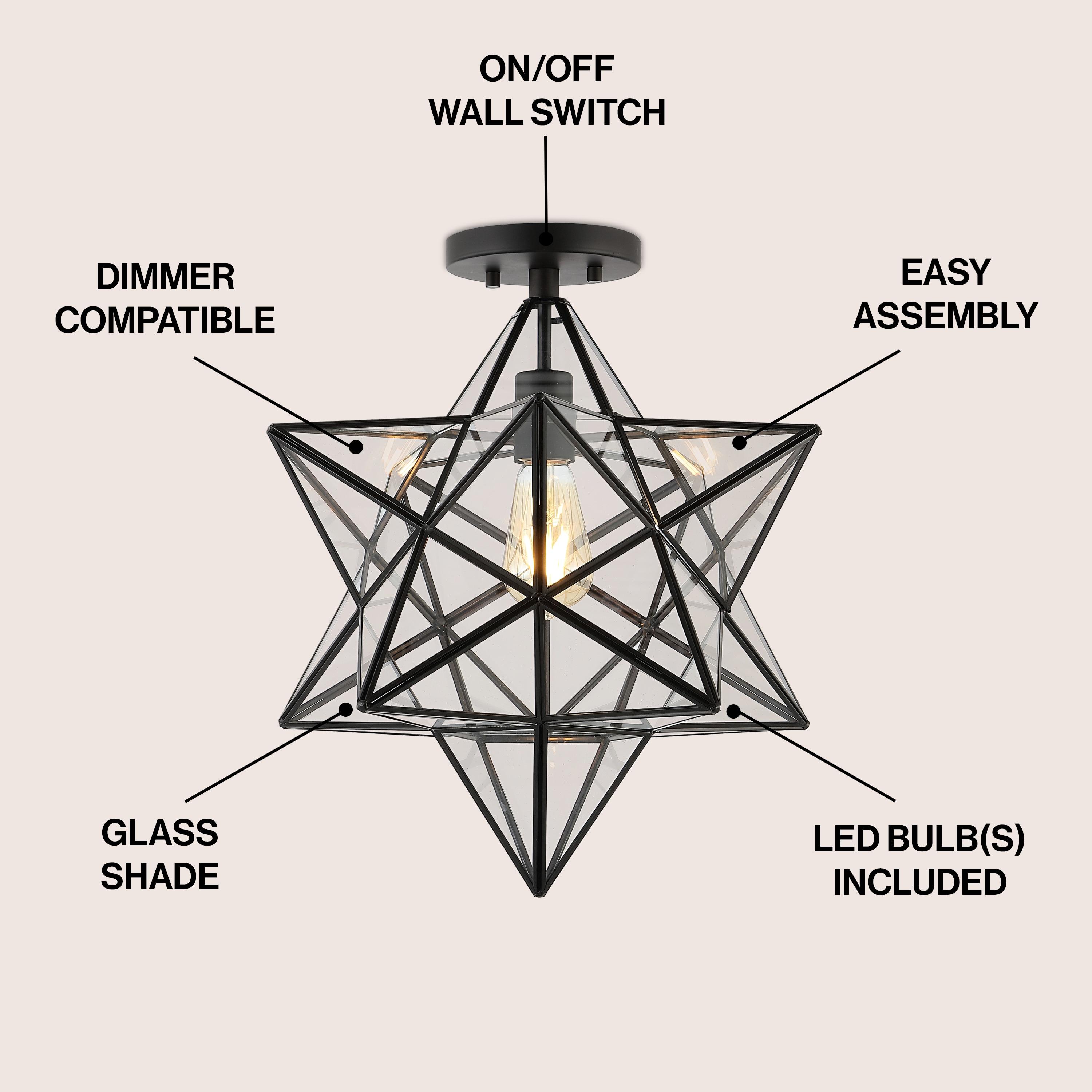 Ava 14.5" 1-Light Farmhouse Bohemian Iron/Glass LED Semi Flush Mount, Black/Clear