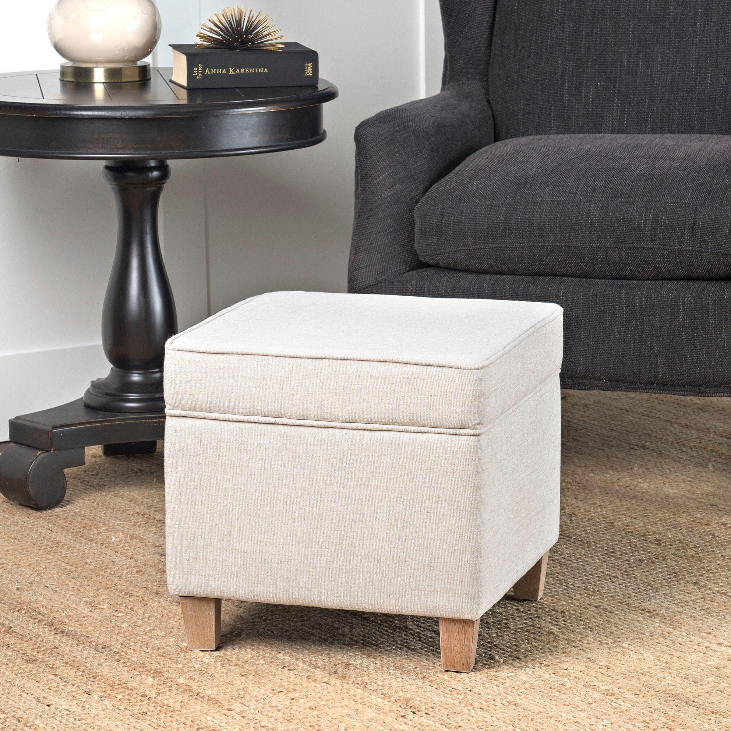 HomePop Cole Classics Square Storage Ottoman with Lift Off Top Linen: Upholstered Footstool, Wood Legs, Polyester