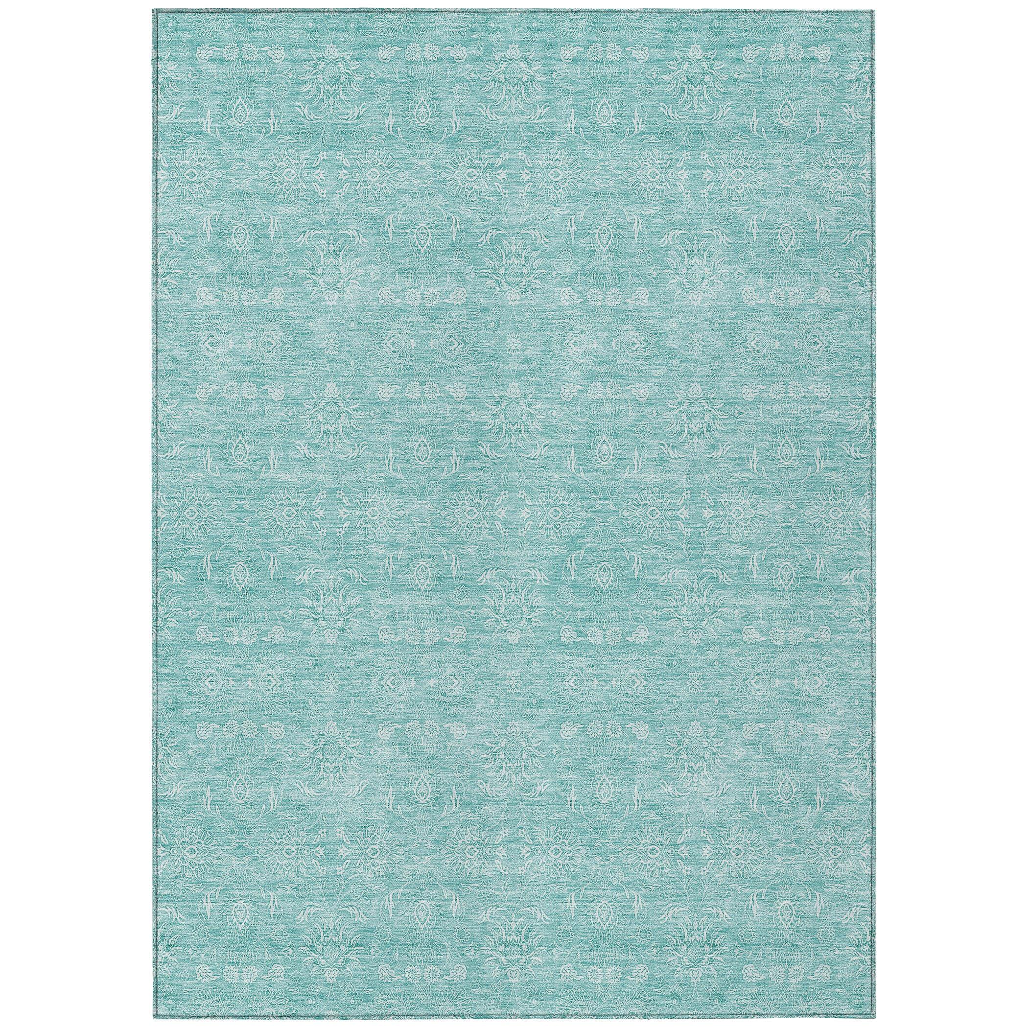 Aqua Floral Synthetic 8' x 10' Washable Area Rug