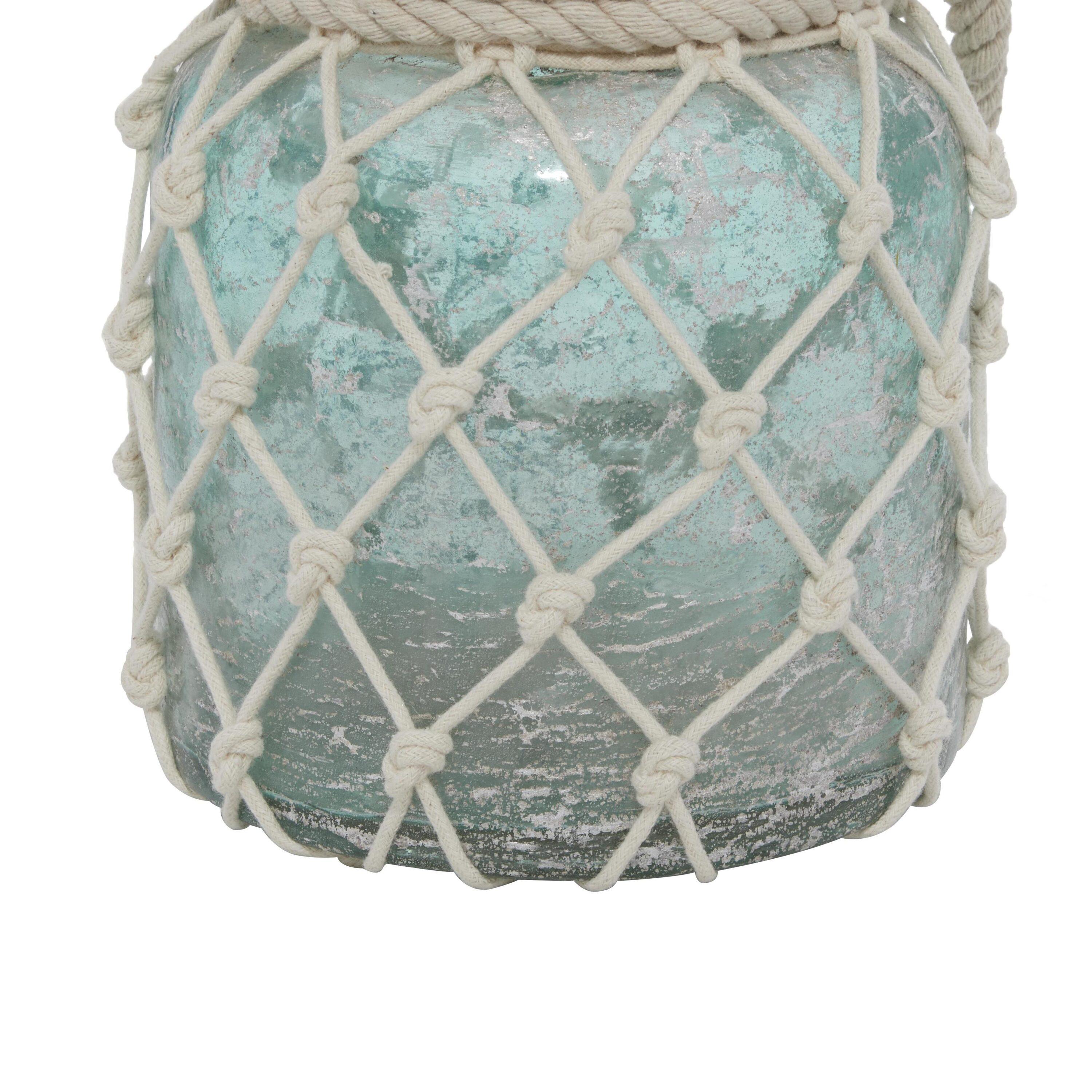 DecMode Blue Glass Decorative Candle Lantern with Rope Handle