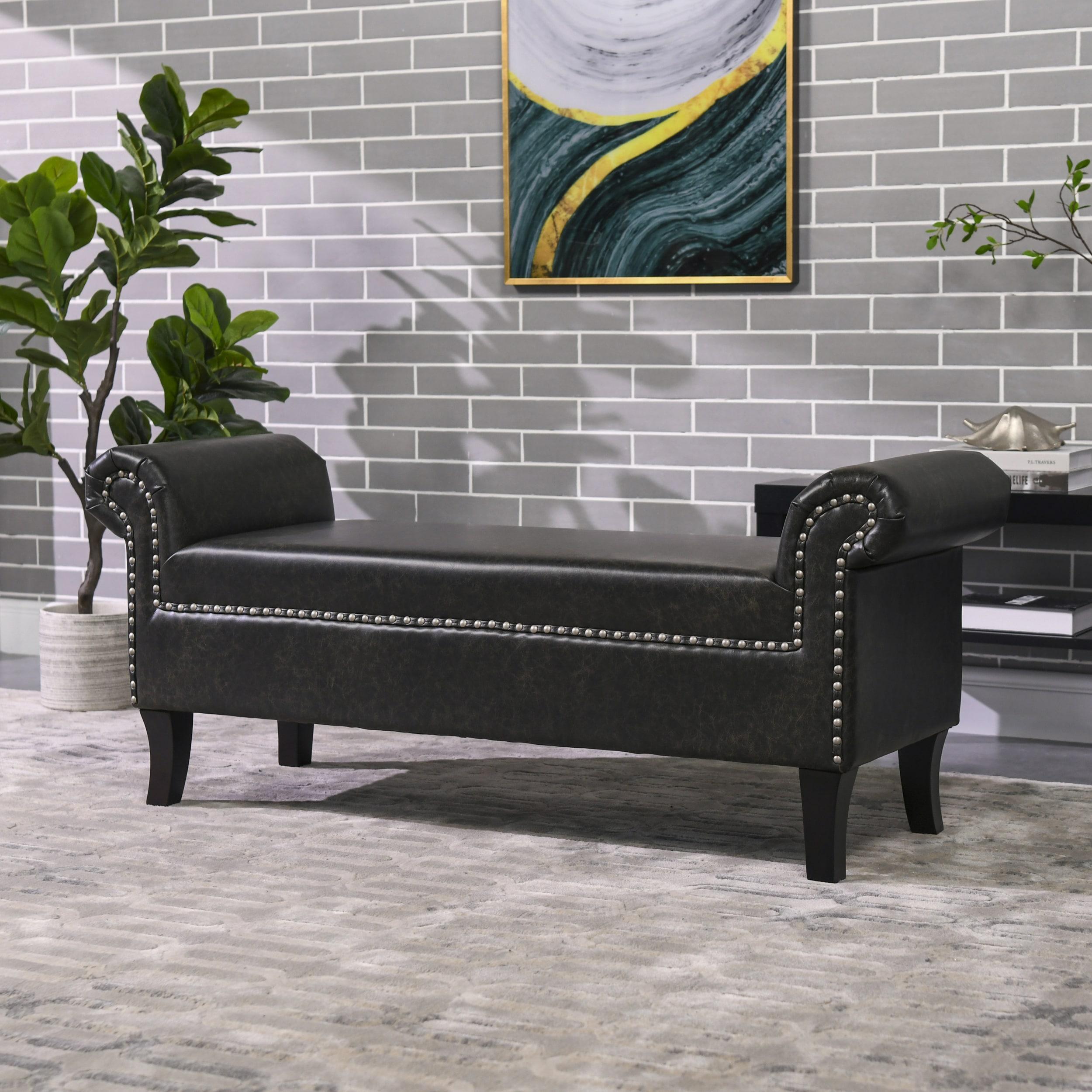 Kathy Roll Arm Entryway Accent Bench Vintage Black Brown Faux Leather