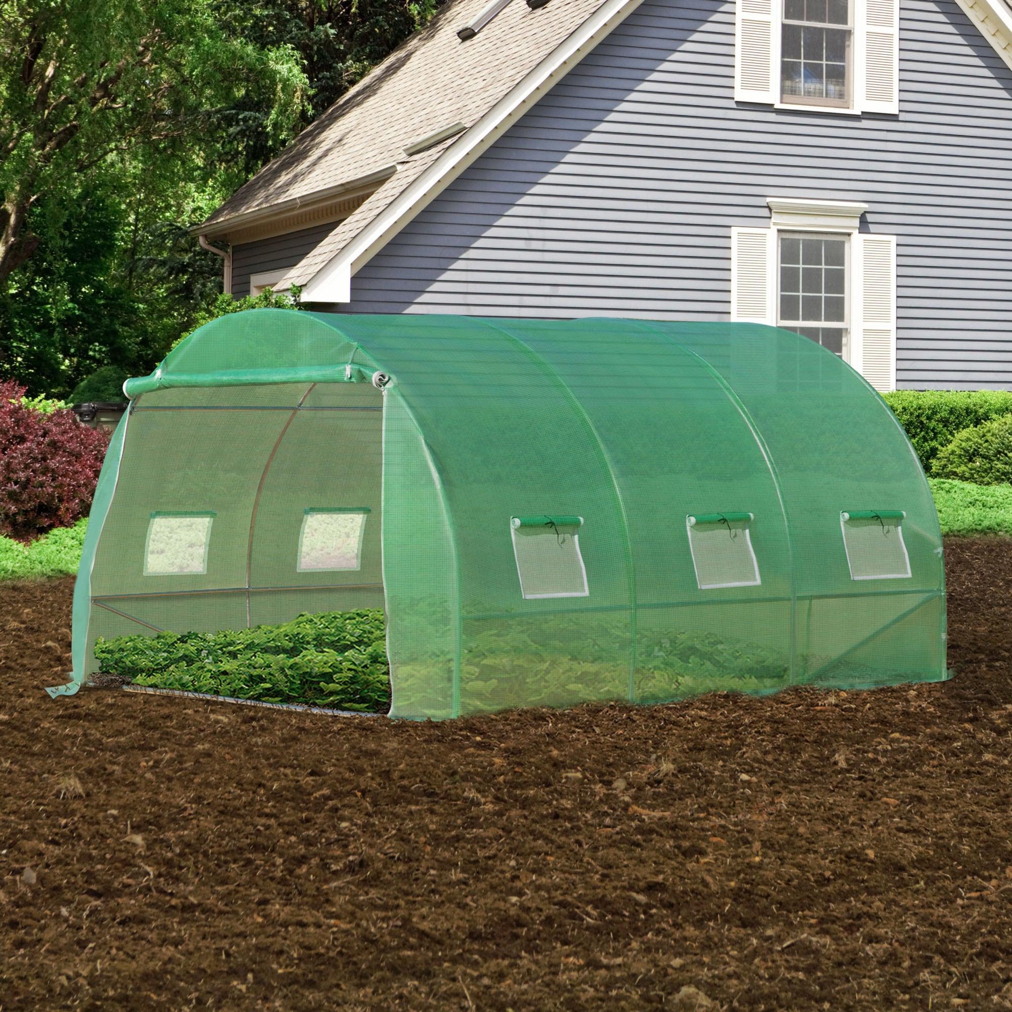 Outsunny 10' x 10' x 6.5' Walk-in Tunnel Hoop Greenhouse, Polyethylene PE Cover, Steel Frame, Roll-Up Zipper Door & Windows for Flowers, Vegetables
