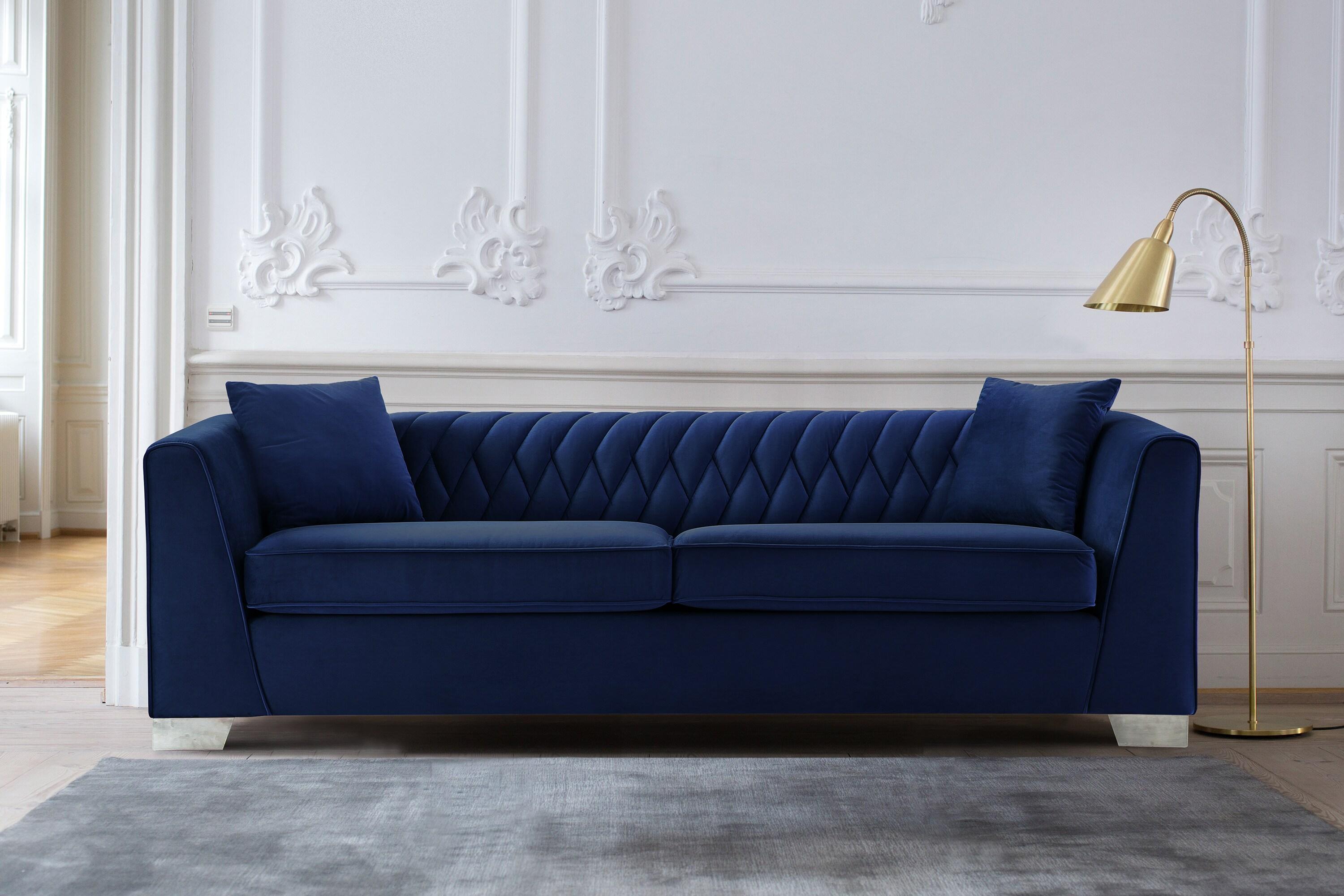 Cambridge Sofa in Brushed Stainless Steel and Blue Velvet
