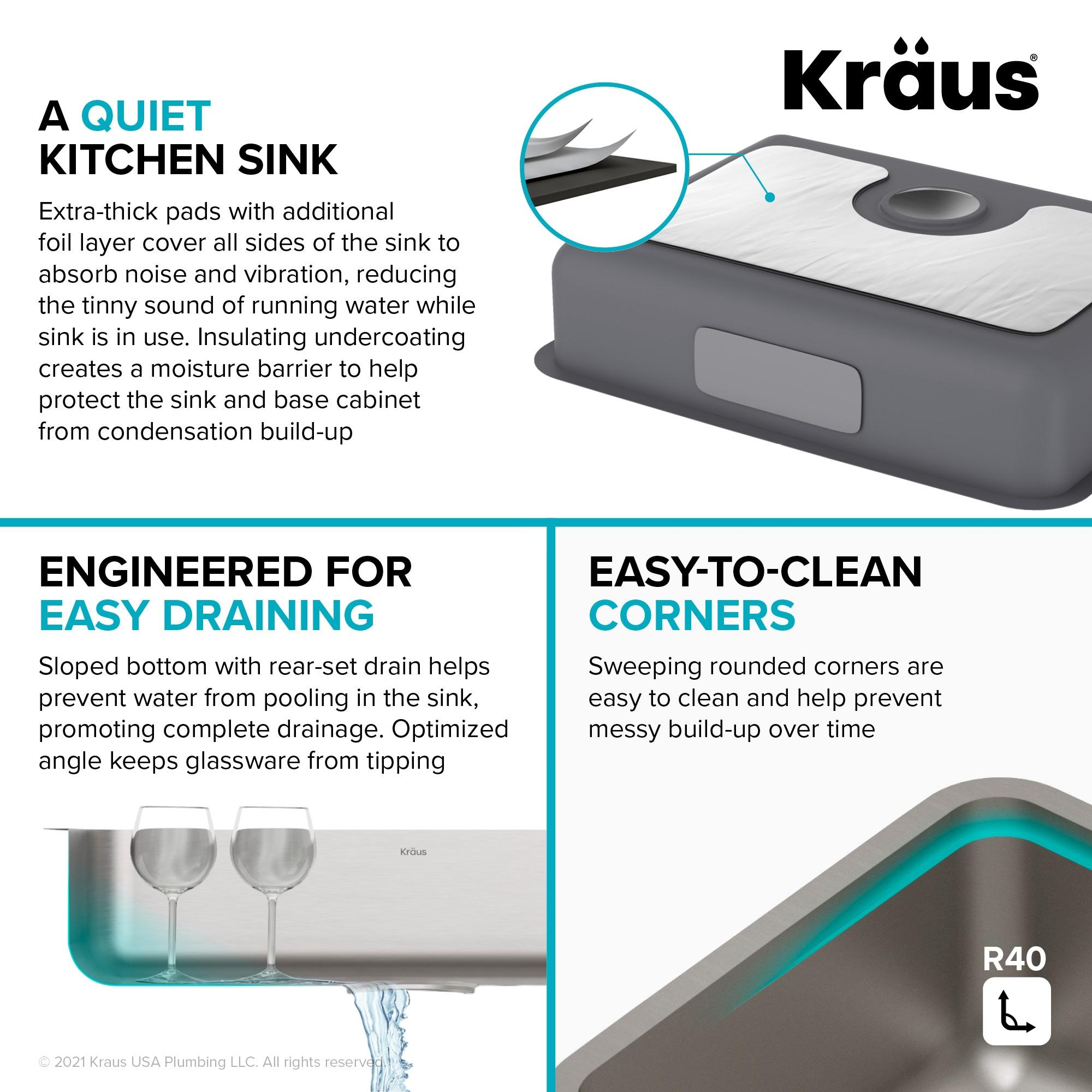 Dex™️ Series KRAUS 25" L Undermount 16 Gauge Stainless Steel Single Bowl ADA Kitchen Sink