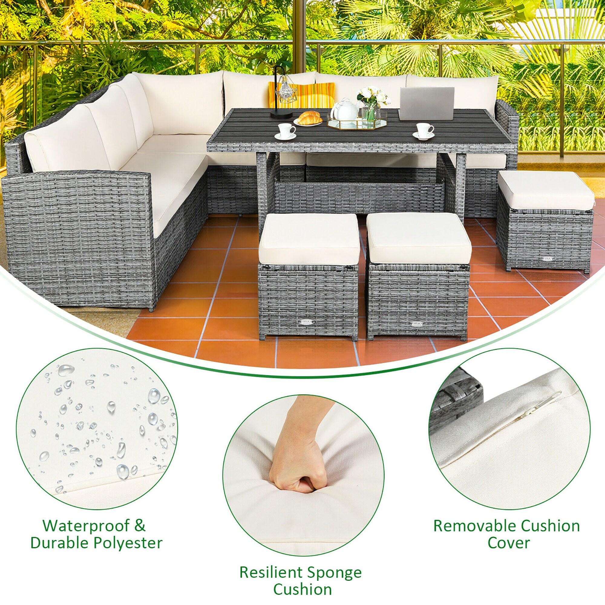 Gray Rattan 7-Piece Patio Sofa Set with Off-White Cushions
