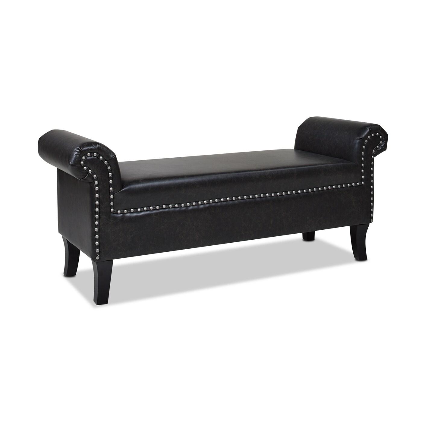 Kathy Roll Arm Entryway Accent Bench Vintage Black Brown Faux Leather