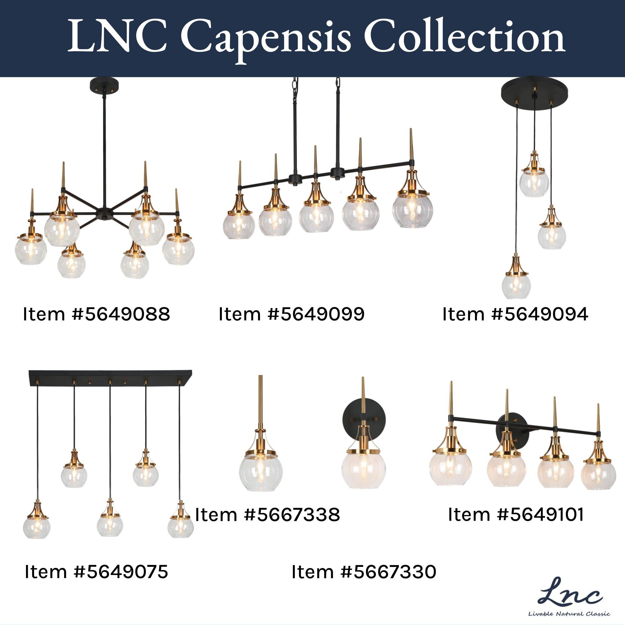 LNC Capensis 6-Light 36.2" Matte Black and Polished Gold Shaded LED Dry Rated Chandelier: UL Listed, Adjustable Height, Glass Shades