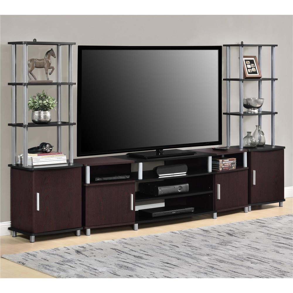 Ameriwood Home Carson TV Stand fits up to 70" with Multiple Open Shelves, Cherry and Black