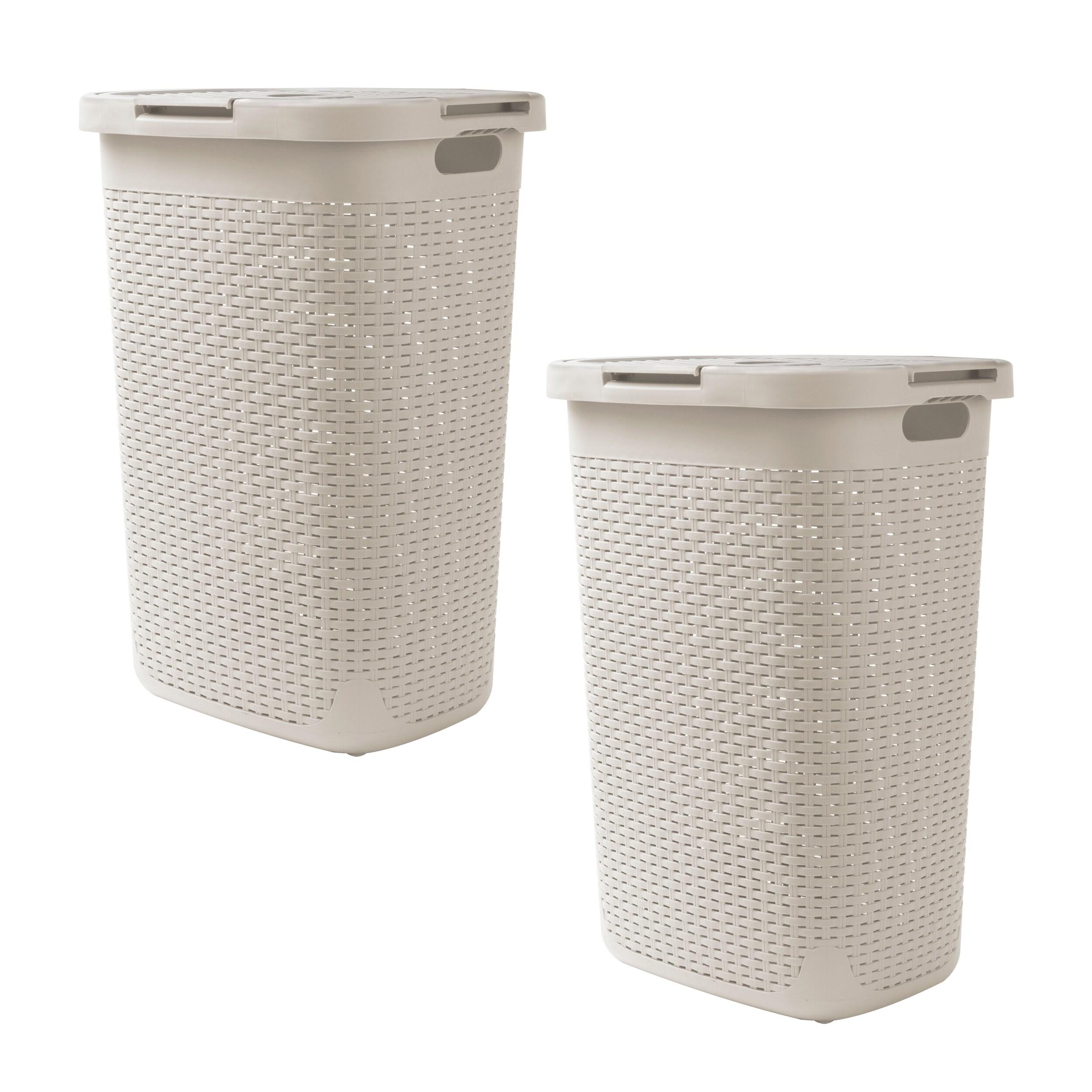 Mind Reader 60L Slim Laundry Hamper, Clothes Basket, Lid, Wicker Style, Plastic, 17.65"L x 13.75"W x 24.15"H, Set of 2, Ivory