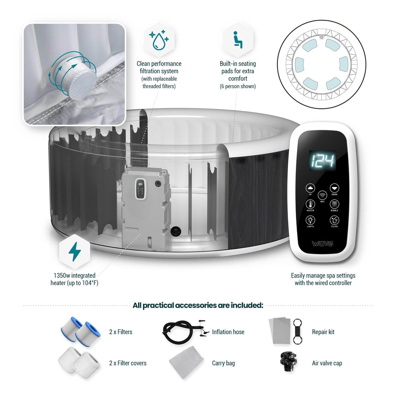 Wave Atlantic 6-Person Inflatable Hot Tub | Integrated Eco Heater | 130 Aquajet Massage System | Anti-Freeze Protection | Quick 15-Minute Setup | Gray Rattan