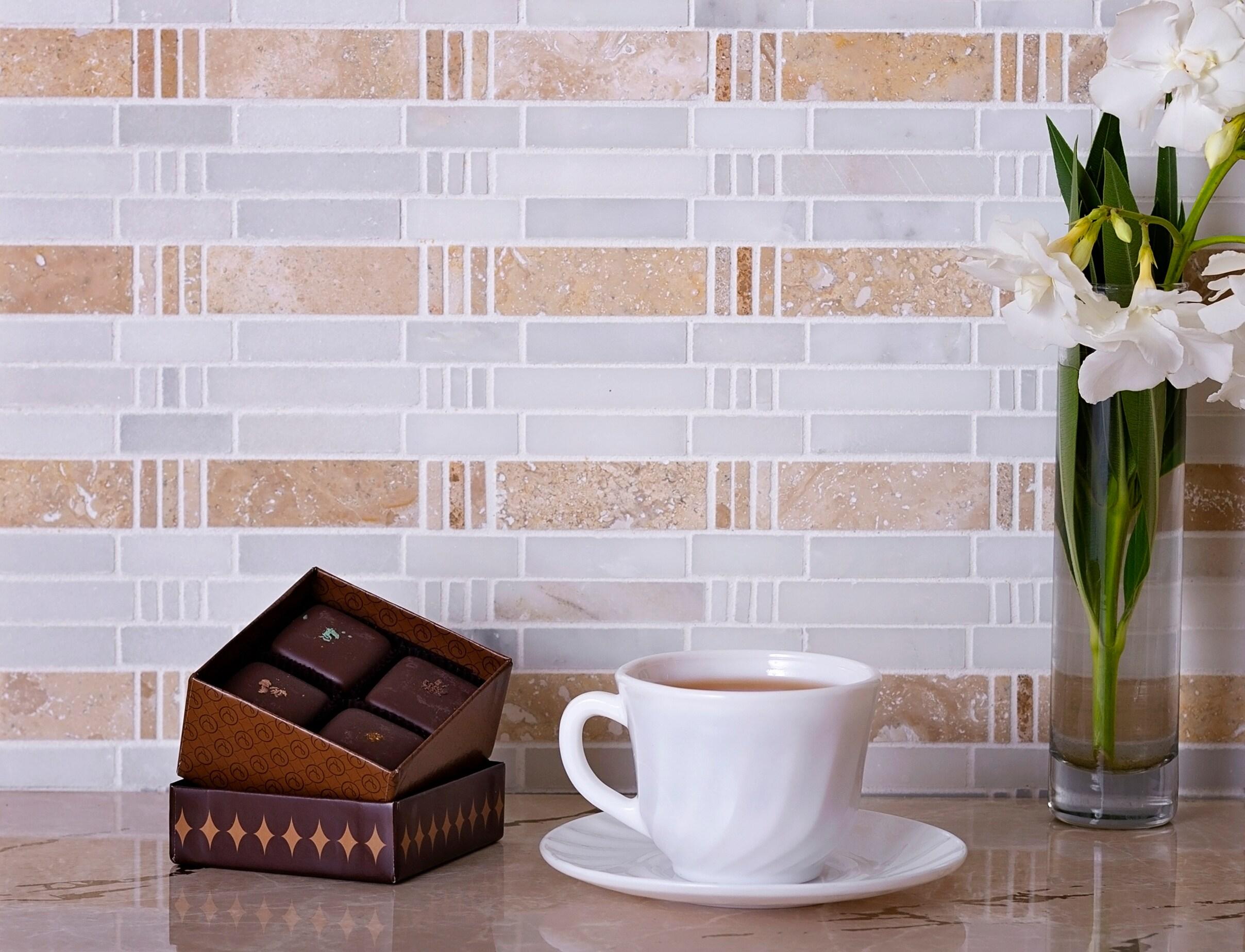 5 pack Beige and White 12 in. x 12 in. Bamboo Polished Marble Mosaic Floor and Wall Tile (5.00 sq. ft./Case)