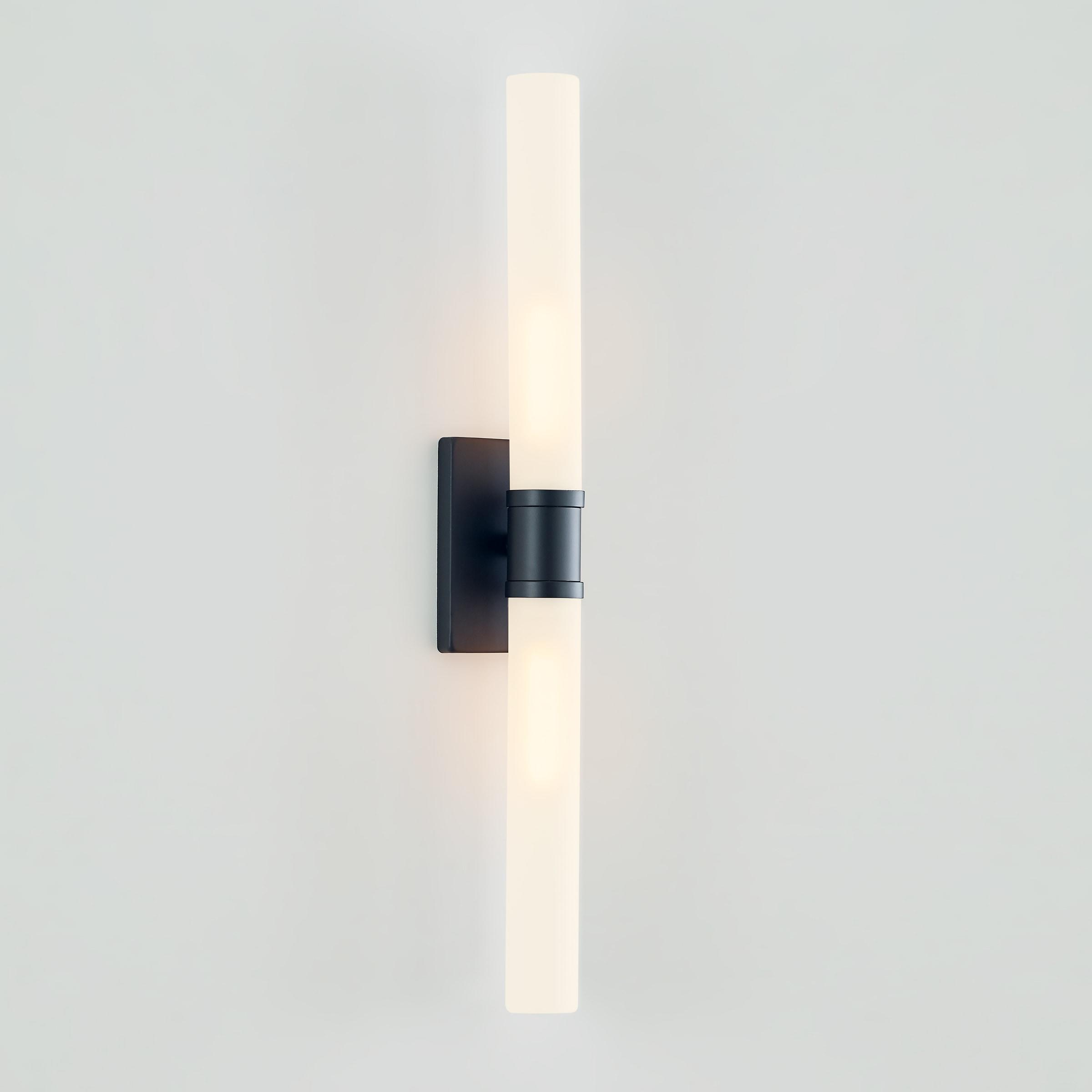 Midnight Black Two-Light Cylinder Wall Sconce with Satin Etched Glass