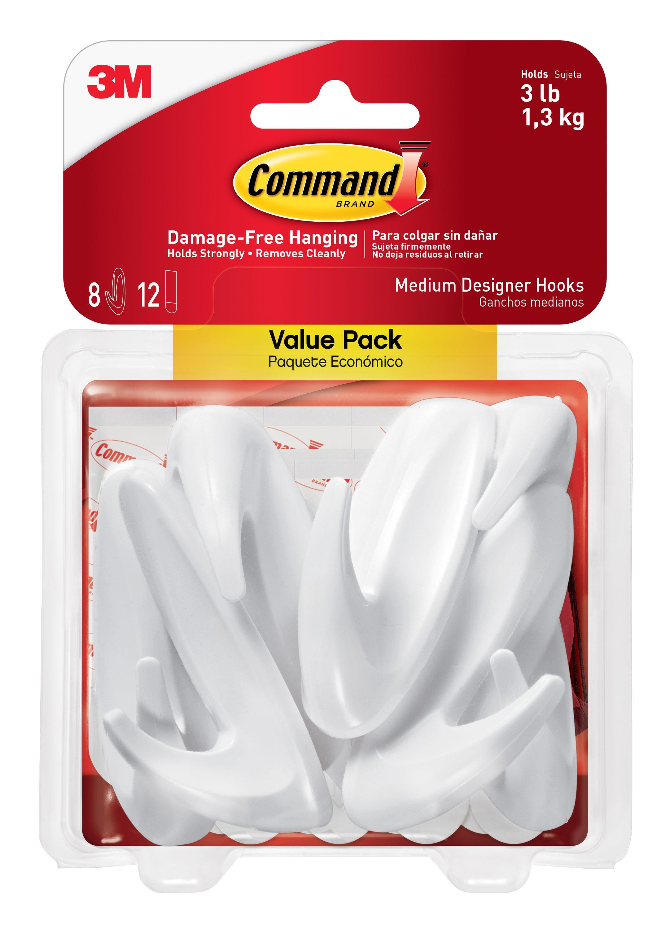 Command Medium Designer Hooks, White, 8 Wall Hooks, Damage-Free Hanging