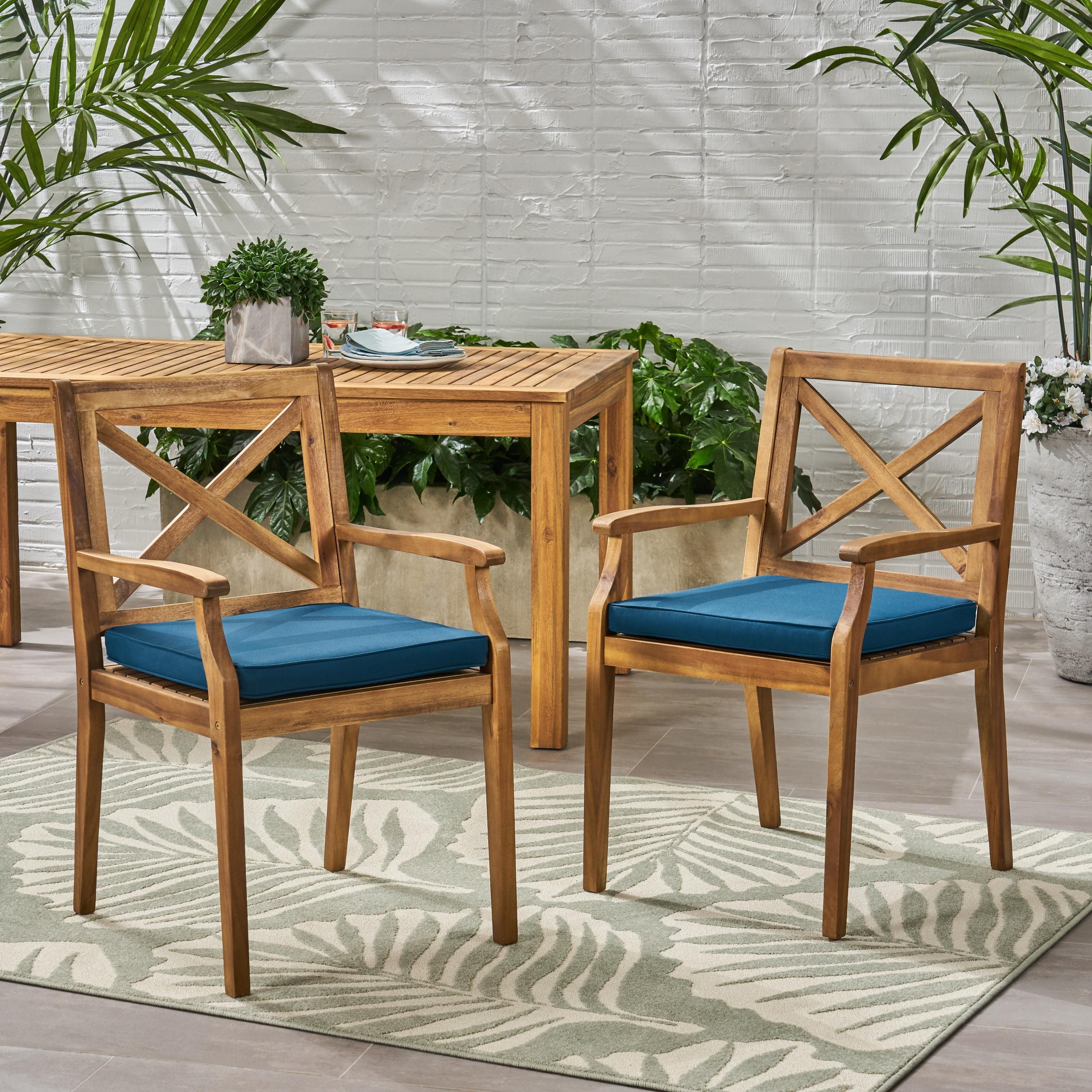 Perla 2pk Acacia Wood Patio Dining Chair - Teak/Blue - Christopher Knight Home: Weather-Resistant with Polyester Cushions