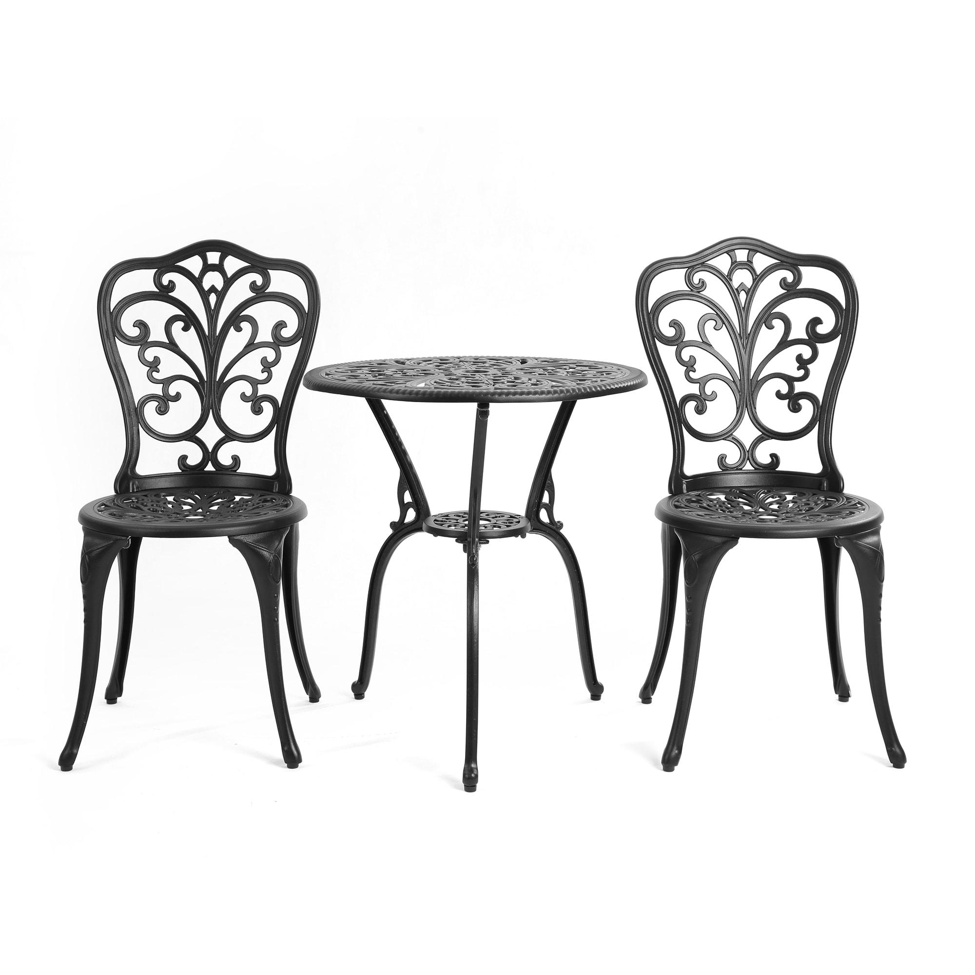 Black Cast Aluminum 3-Piece Bistro Set with Round Table and Armless Chairs