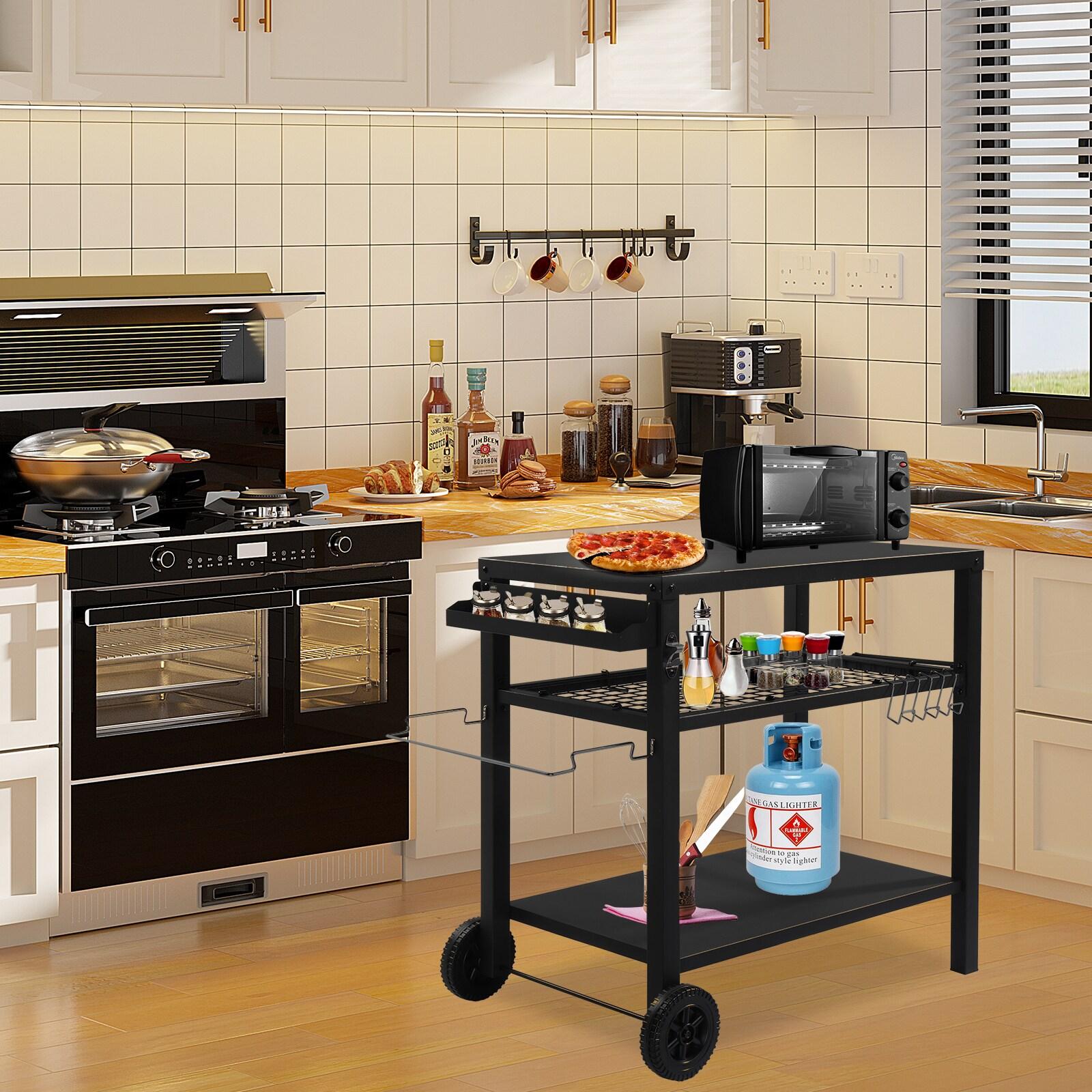 Ktaxon Grill Cart Grill Table Movable Dining Cart Preparation Work Table w/ Wheels & Hooks, Black