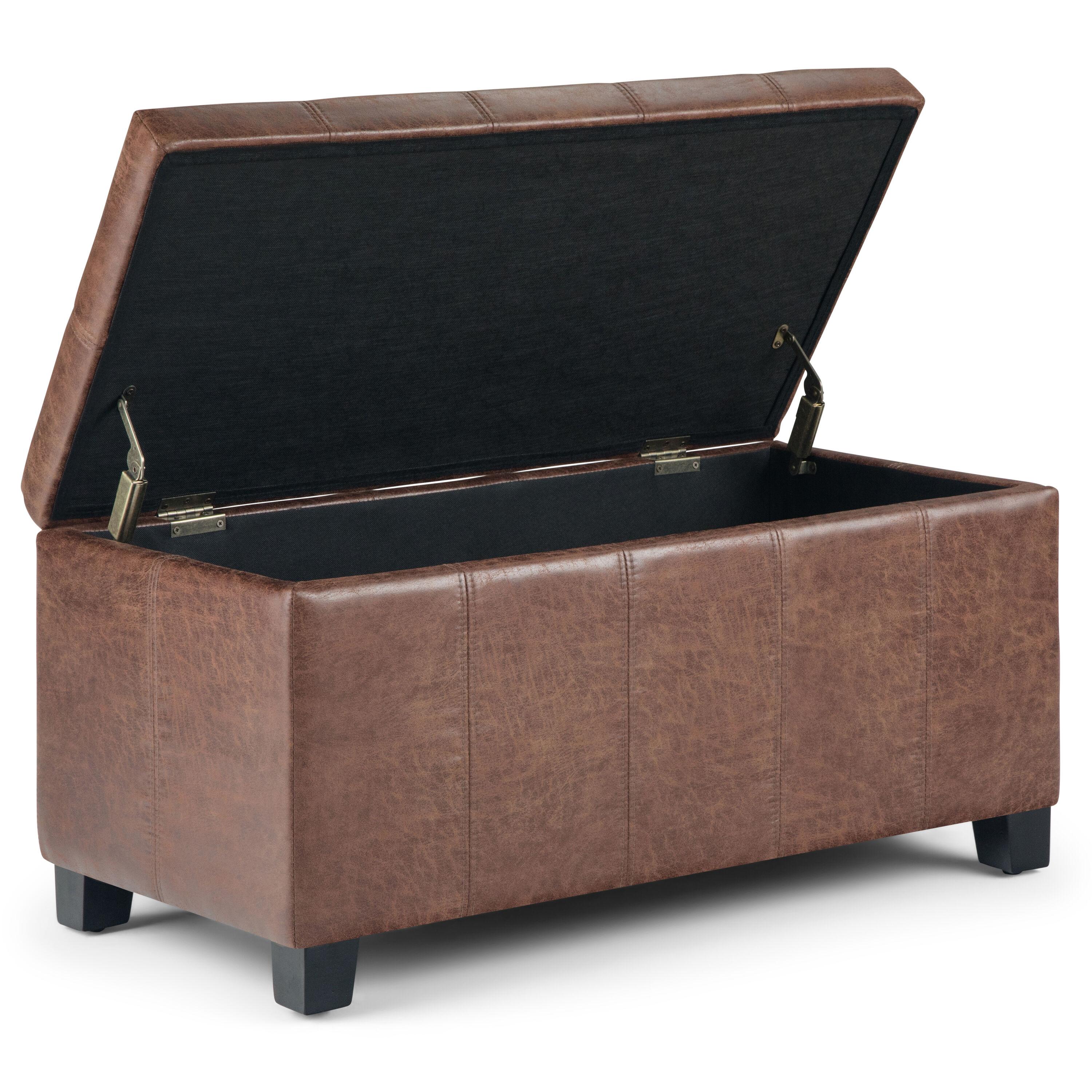 Simpli Home Dover Faux Leather Storage Ottoman Bench in Umber Brown