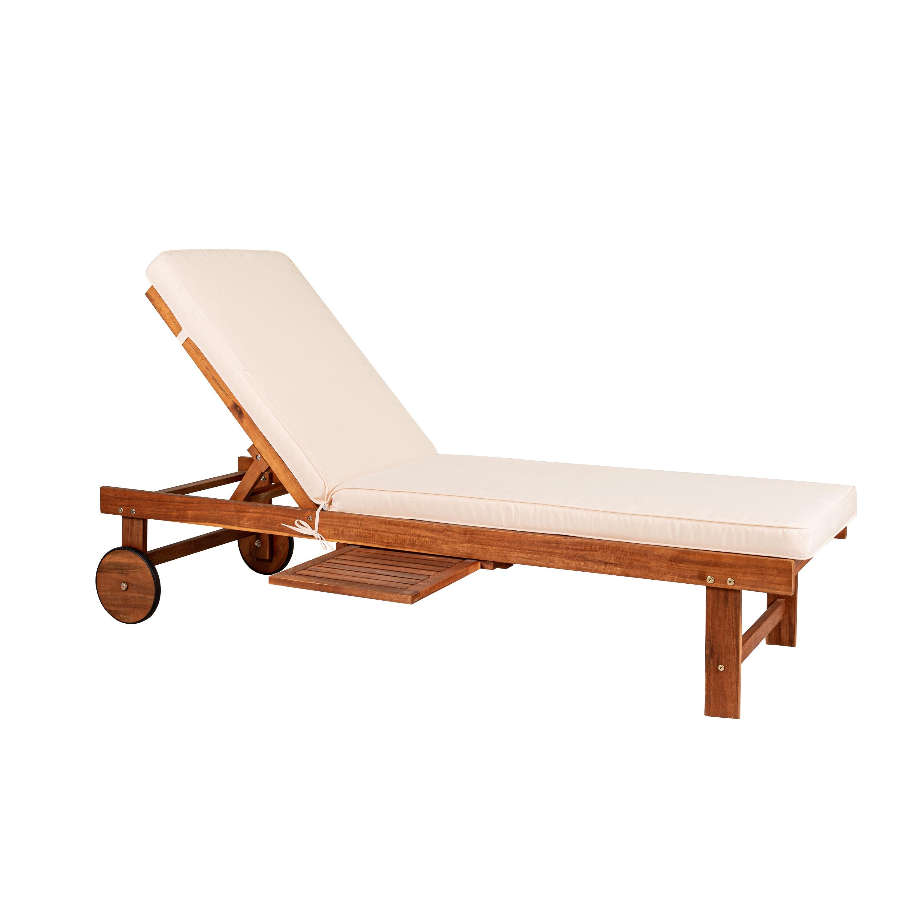 Seabrook 69 x 24 Inch Outdoor Acacia Wood Lounger with Cushion, 5-Position Back, Slide Table & Wheels, Light Brown -JONATHAN Y