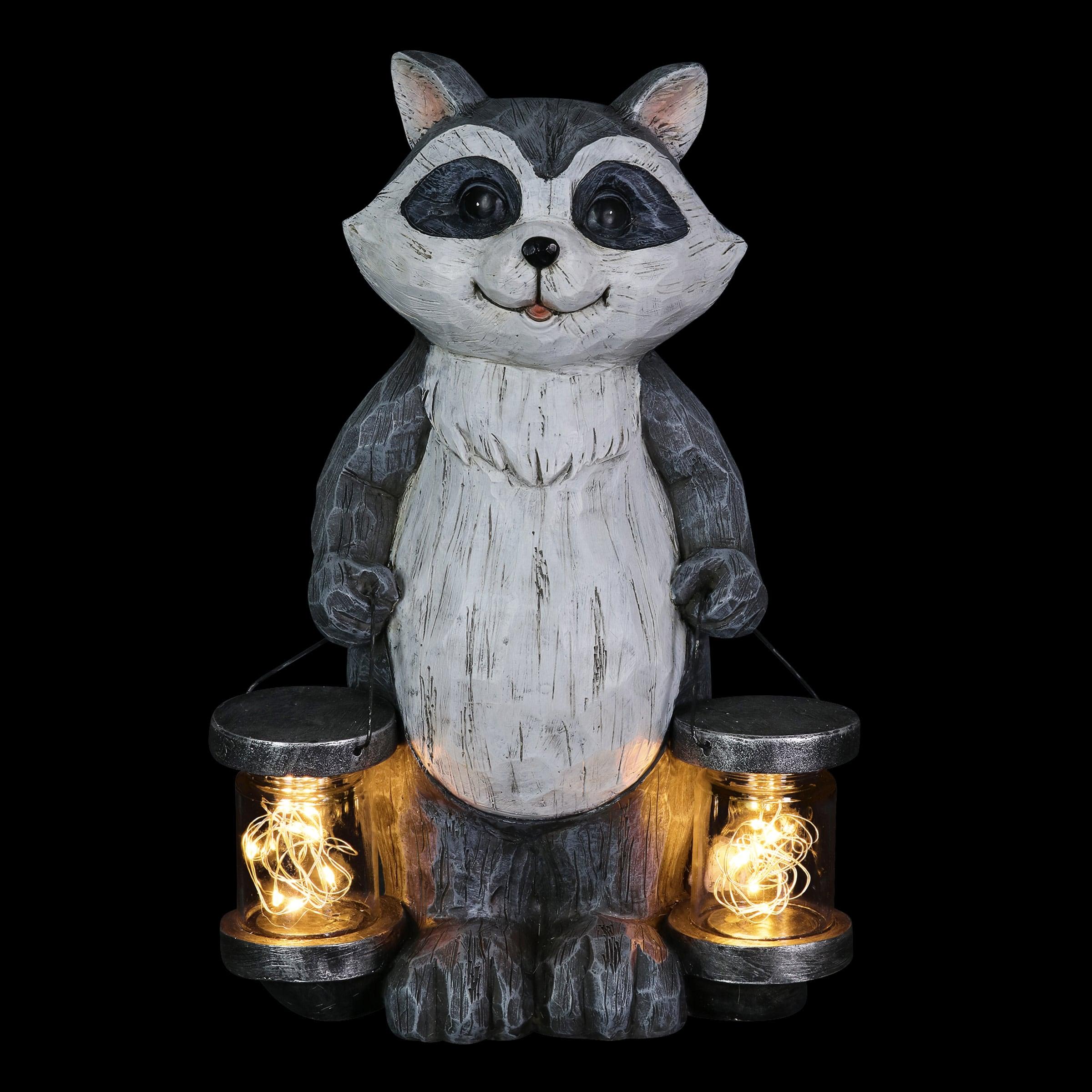 Exhart Solar Firefly Jar Raccoon Garden Statuary, 10 Inches tall