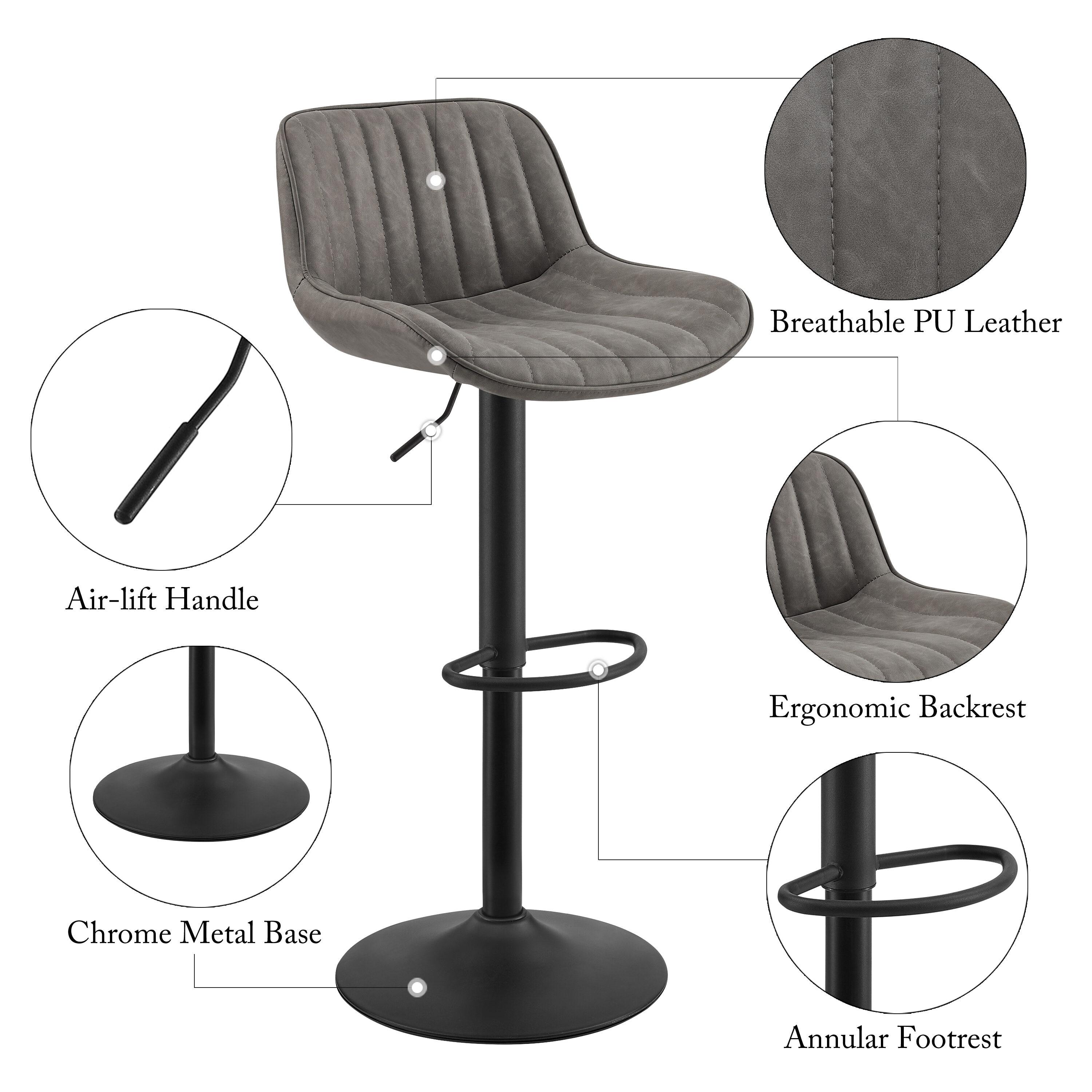 Art Leon Rustic Bar Stools Set of 2, Faux Leather with Backrest Chrome Legs, Upholstered Swivel Kitchen Stools, Gray