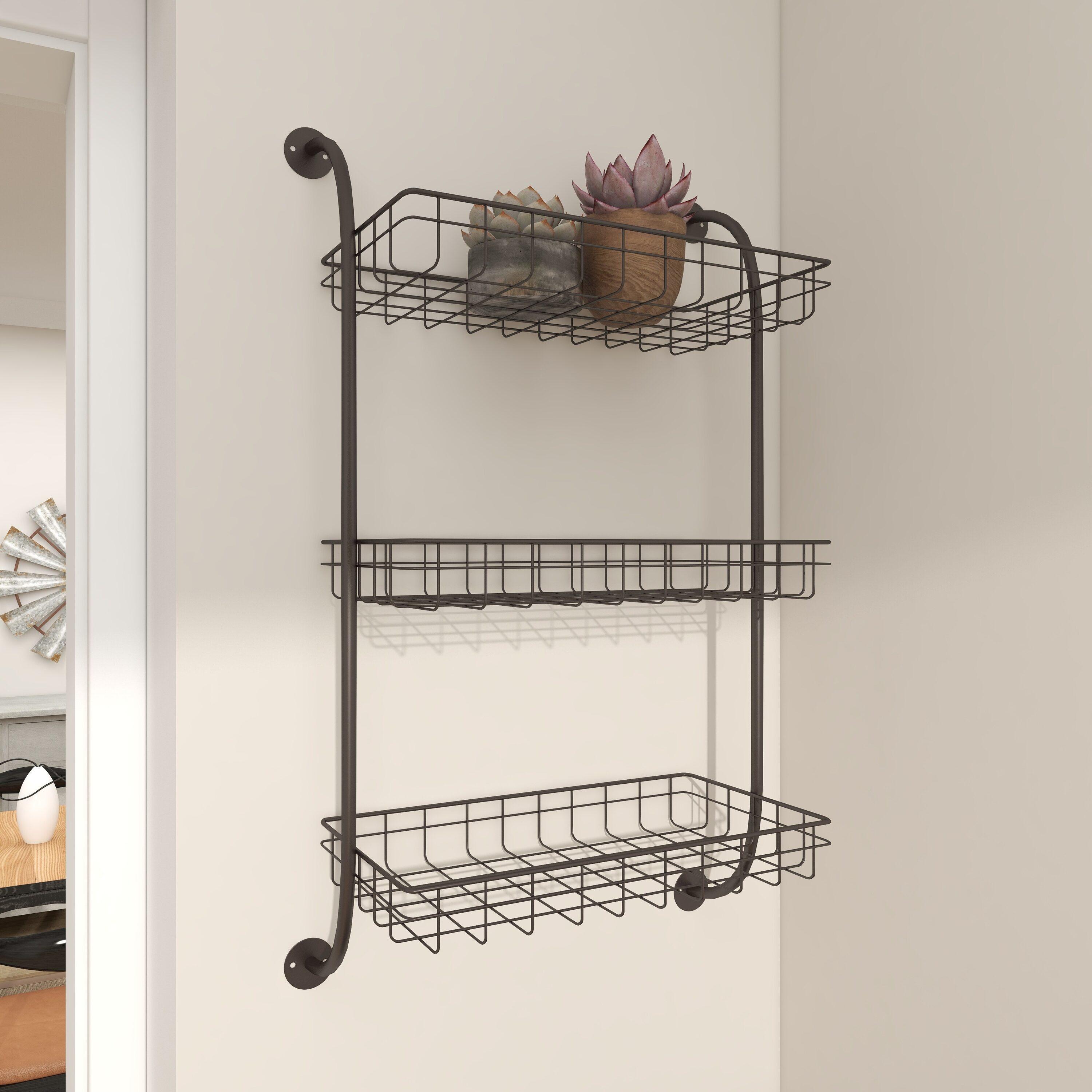 DecMode 21" x 10" 3-Tier Black Wall Shelf with Suspended Baskets