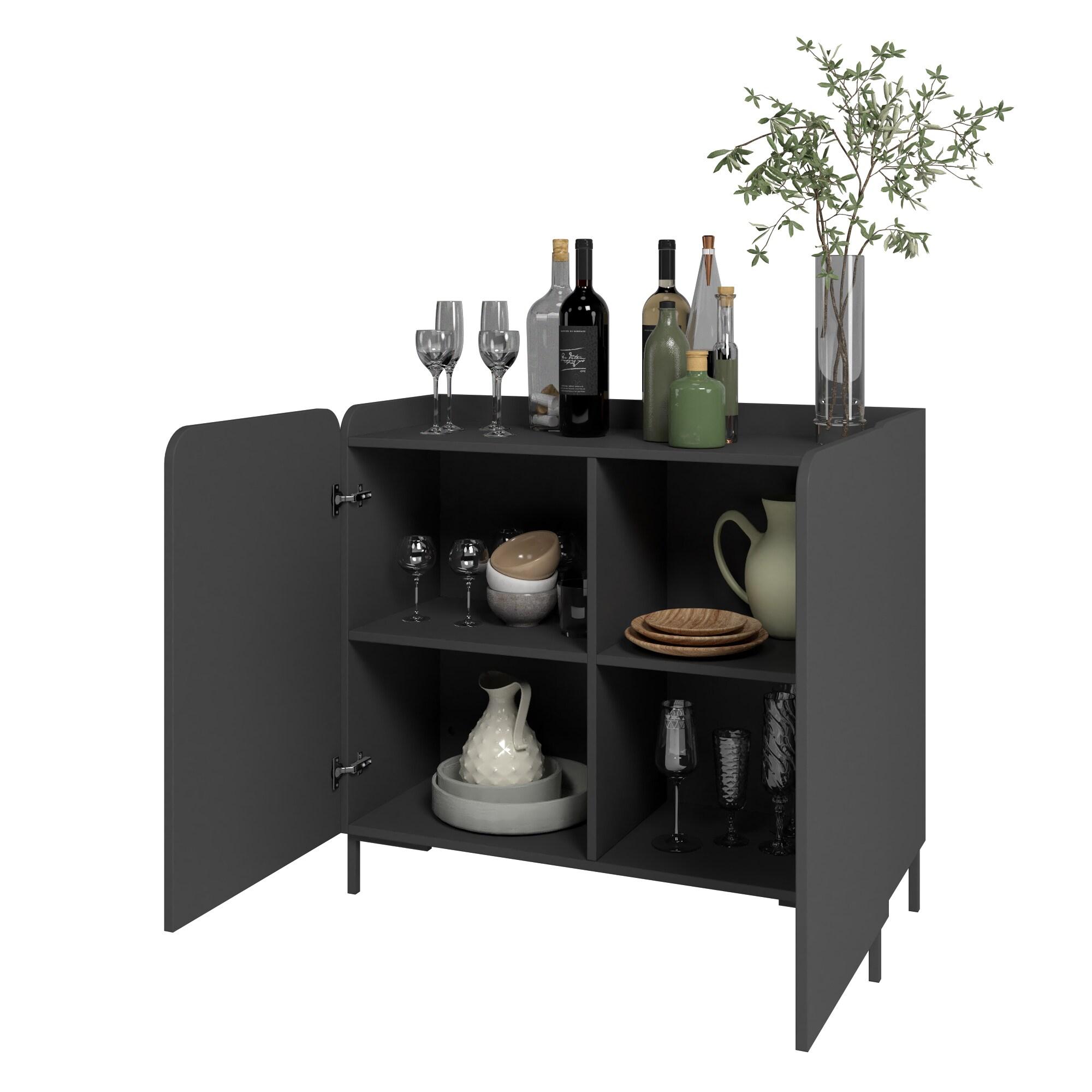 Manhattan Comfort Bogardus Mid - Century Modern 4 Shelf Accent Cabinet Black: Painted Particle Board, Fixed Shelves, Anti-Tip Hardware