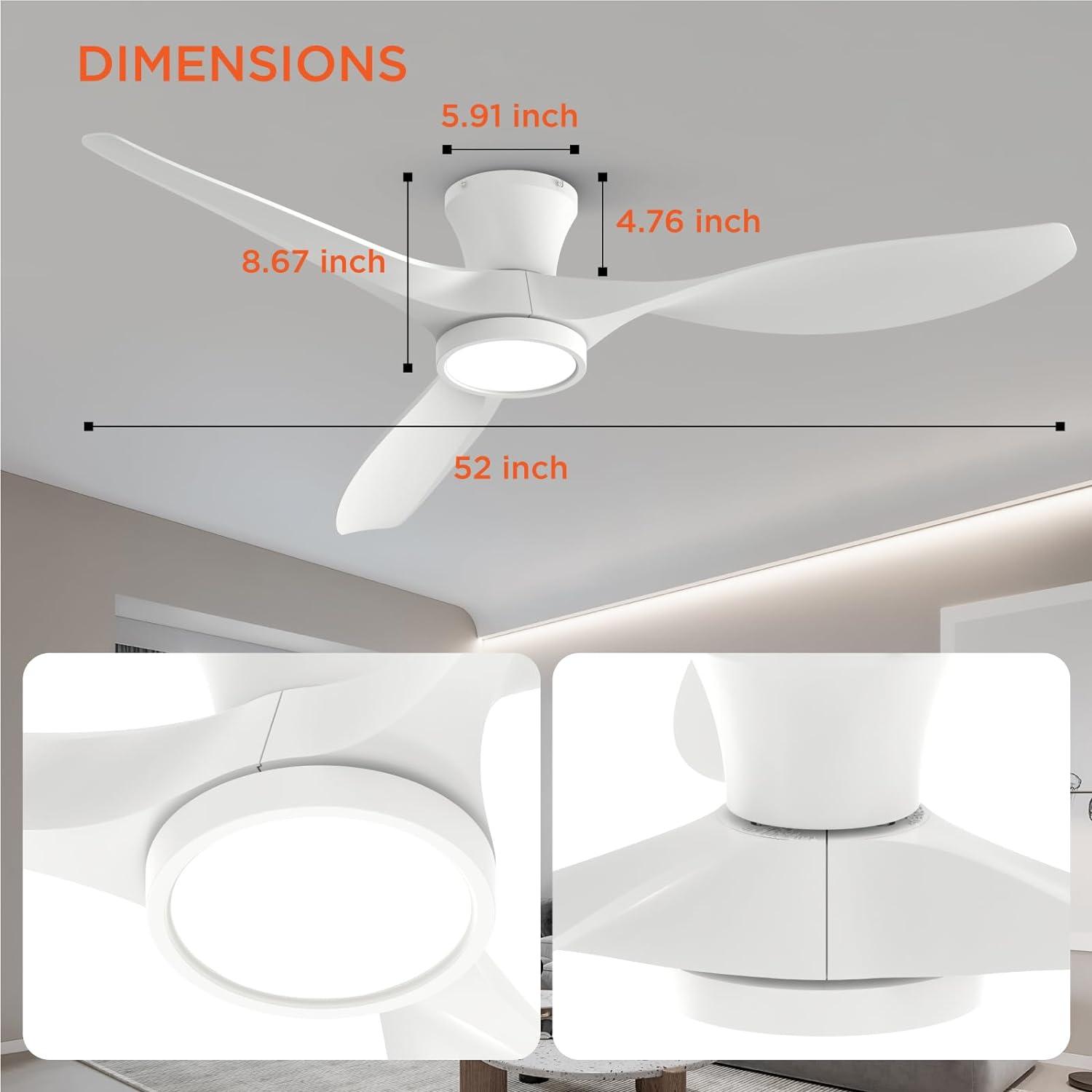 TALOYA AeroFan 52-in Integrated LED Flush Mount Matt White with Matte Blades Ceiling Fan With Light and Remote ( 3 -Blade )