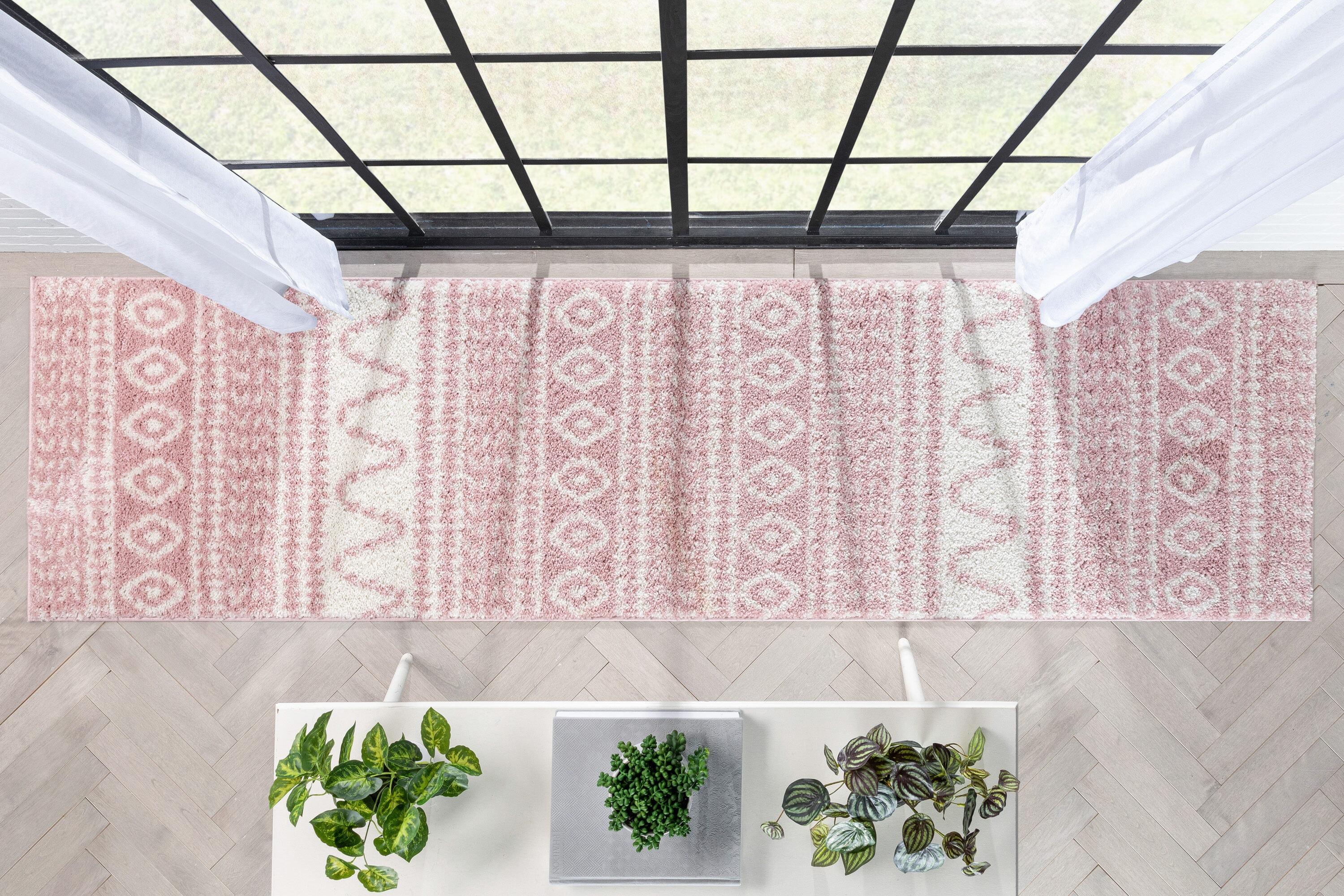 Well Woven Diamond Stripes Shag Blush Cozy 1" Thick 2'7" x 9'10" Runner Pink Area Rug