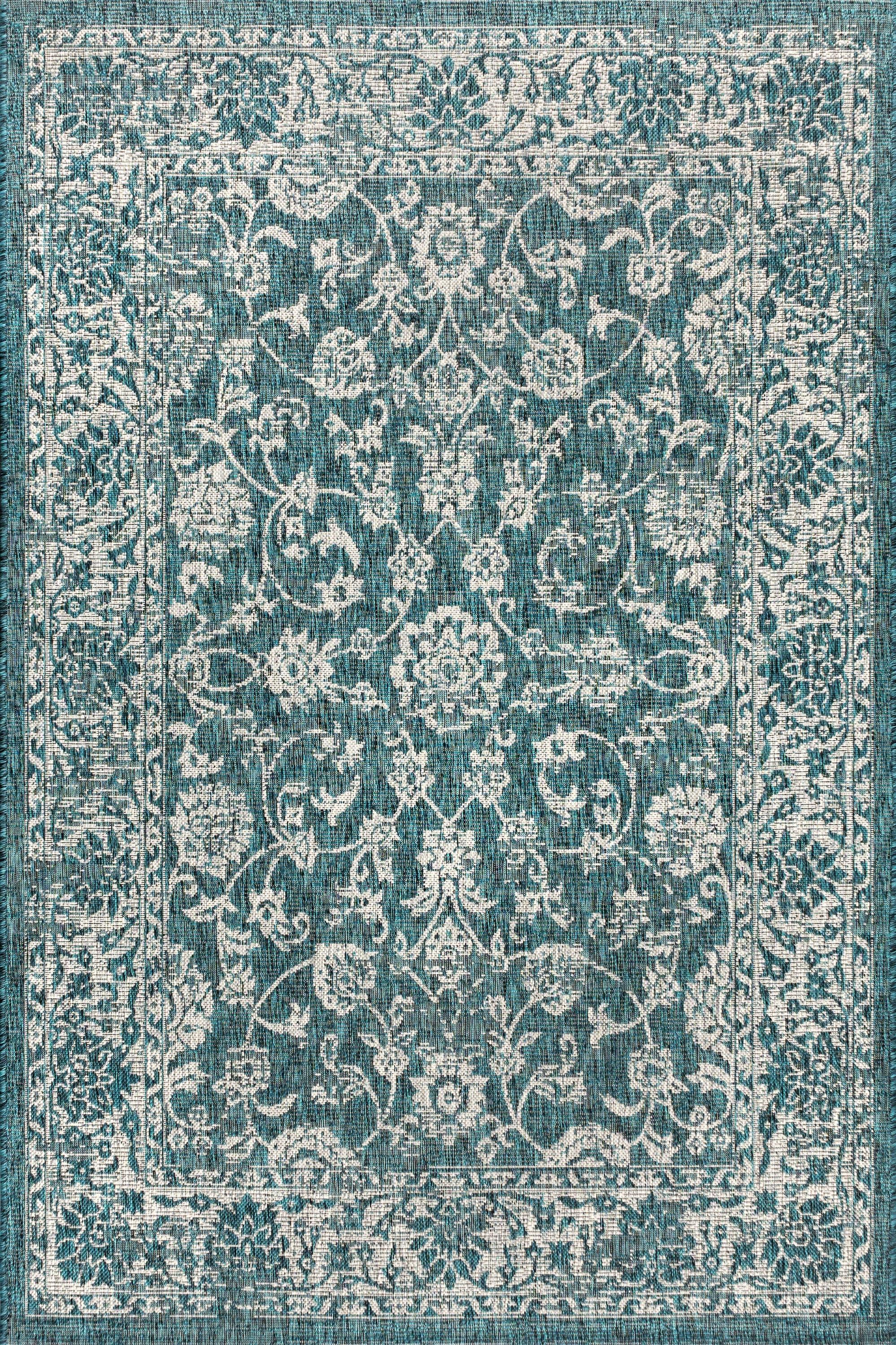 4'x6' Tela Bohemian Textured Weave Floral Indoor/Outdoor Area Rug, Teal/Gray - JONATHAN Y