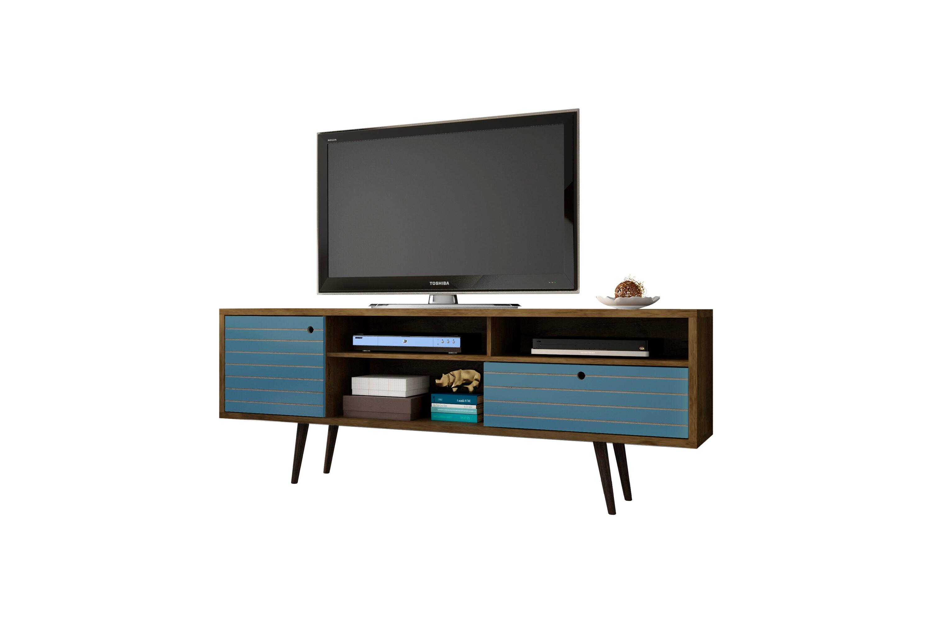 Liberty 3 Shelf and 1 Drawer TV Stand for TVs up to 65" Rustic Brown/Aqua Blue - Manhattan Comfort: Entertainment Center with Cable Management