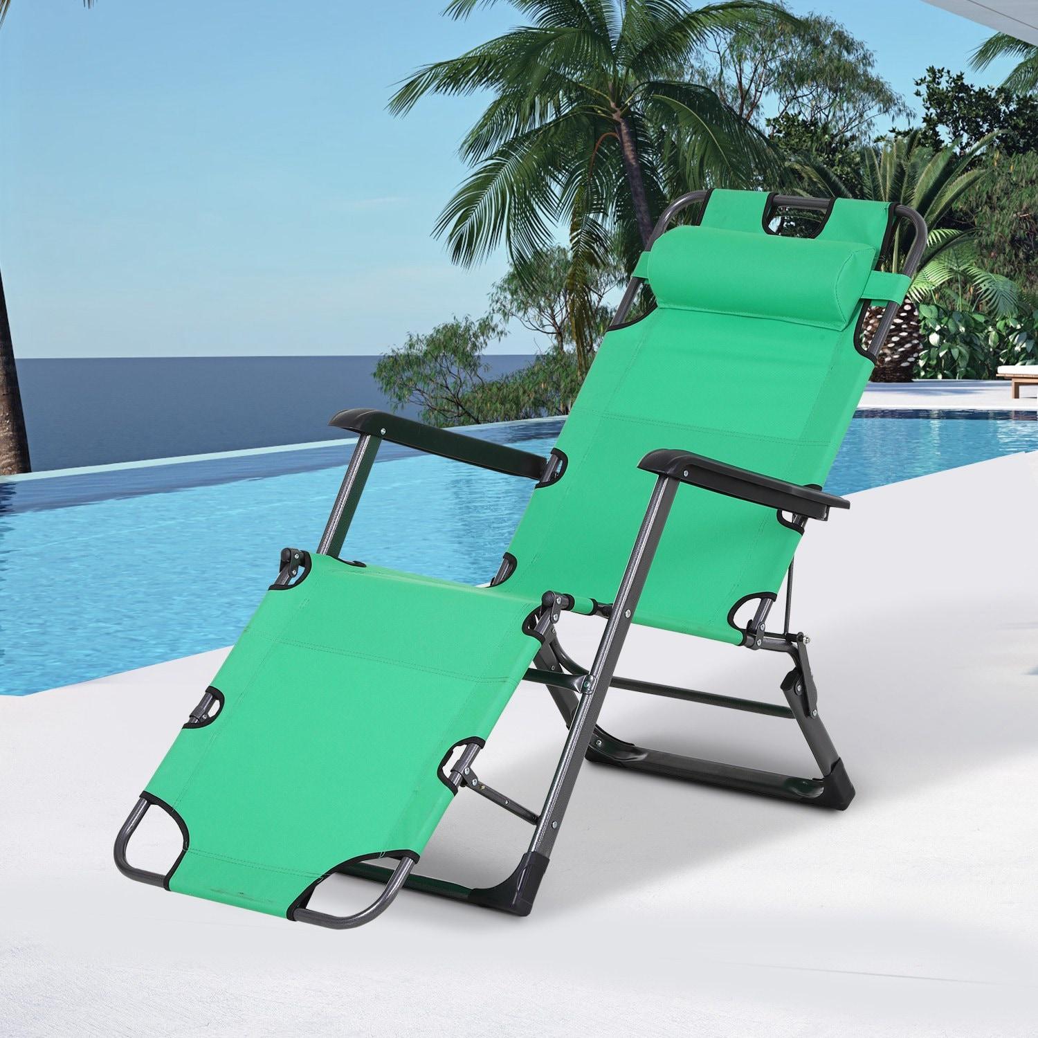 Outsunny Tanning Chair, 2-in-1 Beach Lounge Chair & Camping Chair w/ Pillow & Pocket, Adjustable Chaise for Sunbathing Outside, Patio, Poolside, Green