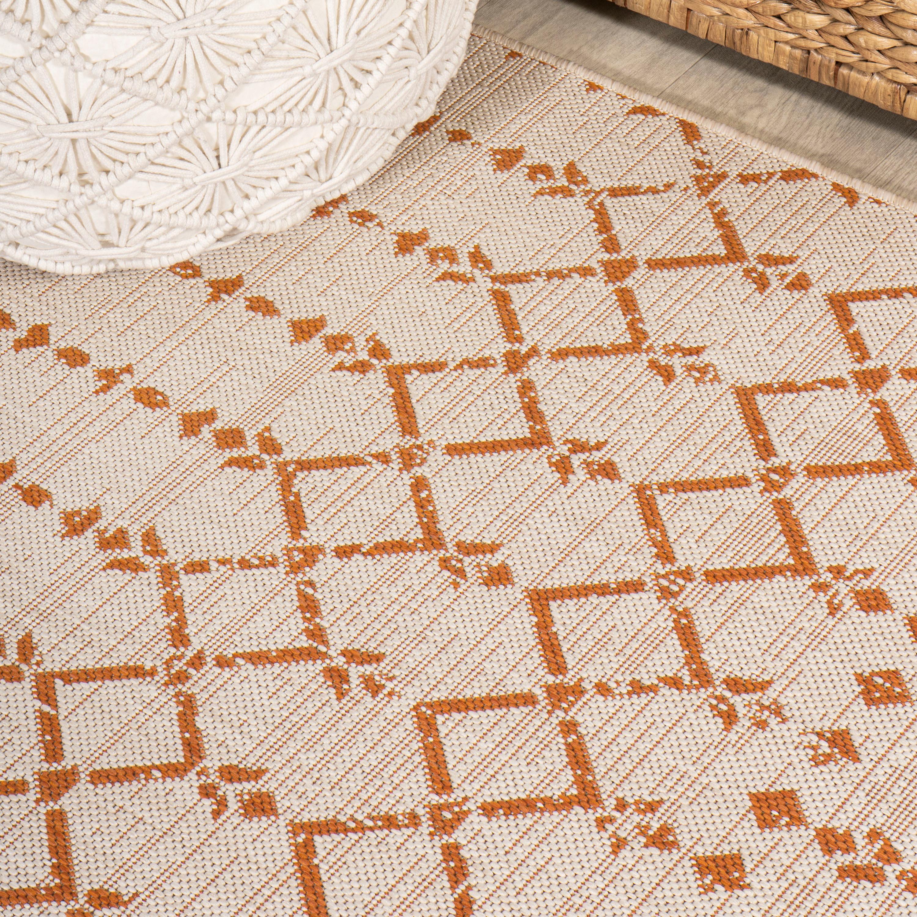 2' x 10' Ourika Moroccan Geometric Textured Weave Indoor/Outdoor Runner Rug, Cream/Orange - JONATHAN Y