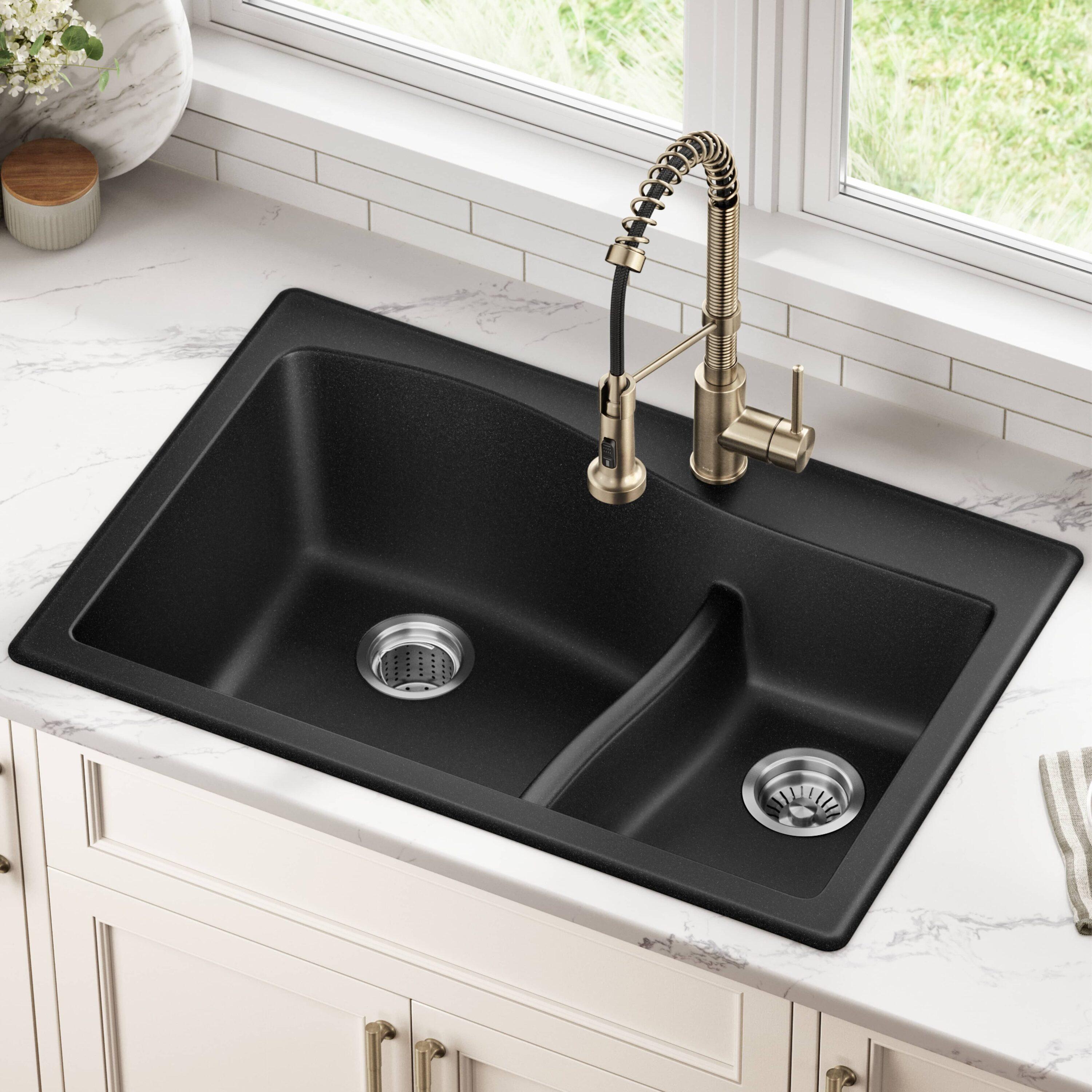 33-Inch Black Granite Double Bowl Drop-In Kitchen Sink