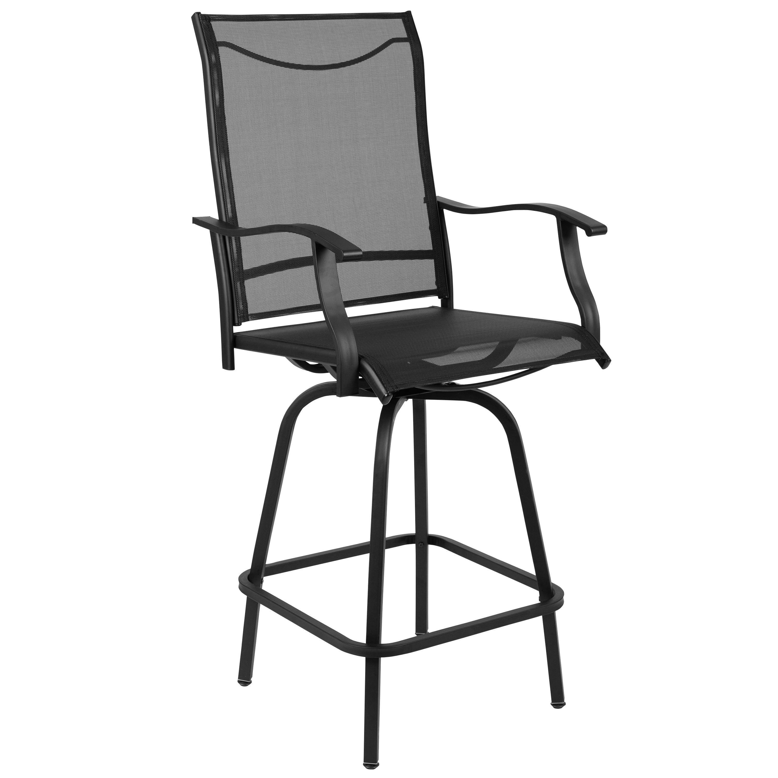 Flash Furniture Patio Bar Height Stools Set of 2, All-Weather Textilene Swivel Patio Stools and Deck Chairs with High Back & Armrests in Black