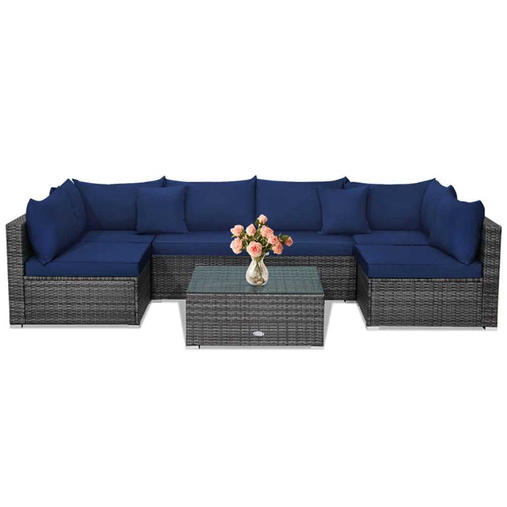 Costway 7PCS Patio Rattan Furniture Set Sectional Sofa Cushioned Garden Navy